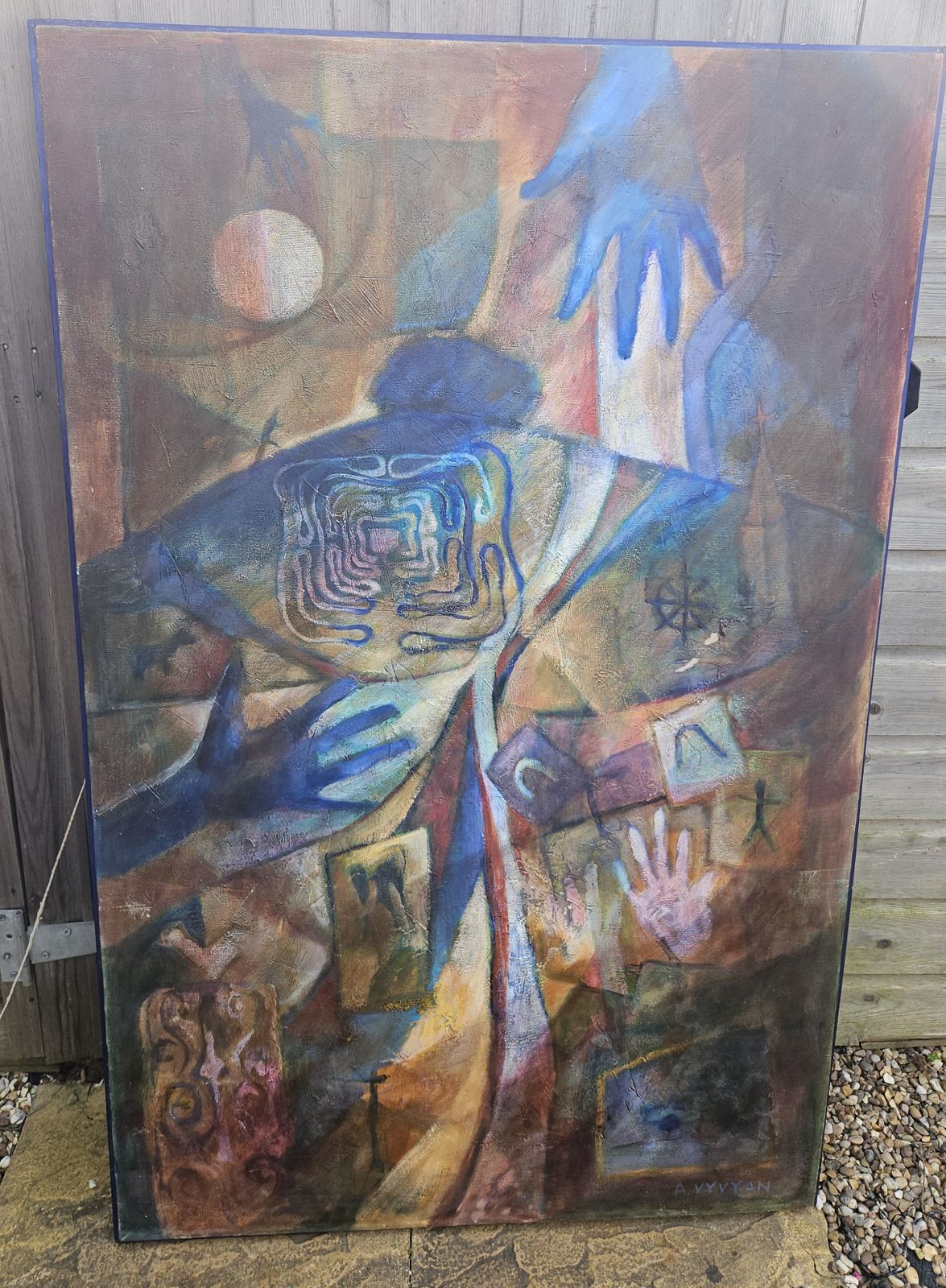 Large Abstract With Geometric Shapes Oil On Canvas Contemporary Signed A.Vyvyan