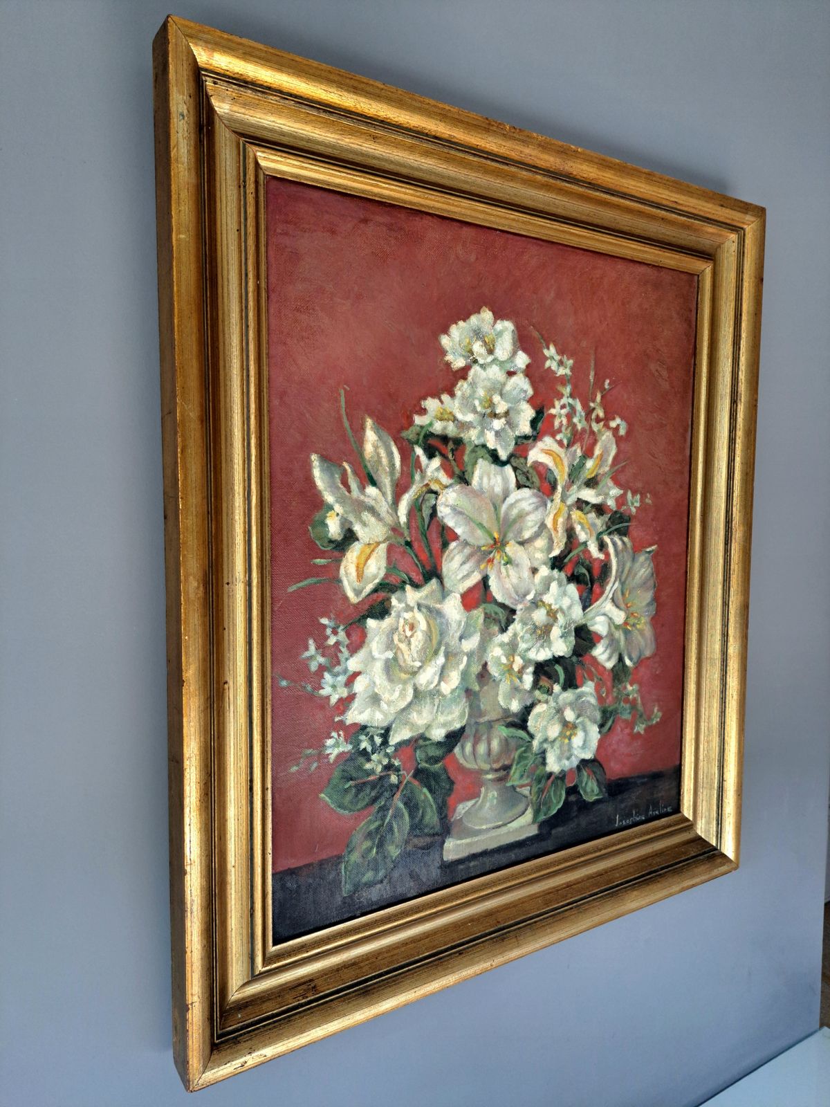 photo vinterior Vintage Oil Painting Of Flowers | Signed Josephine Aveline | 20th Century