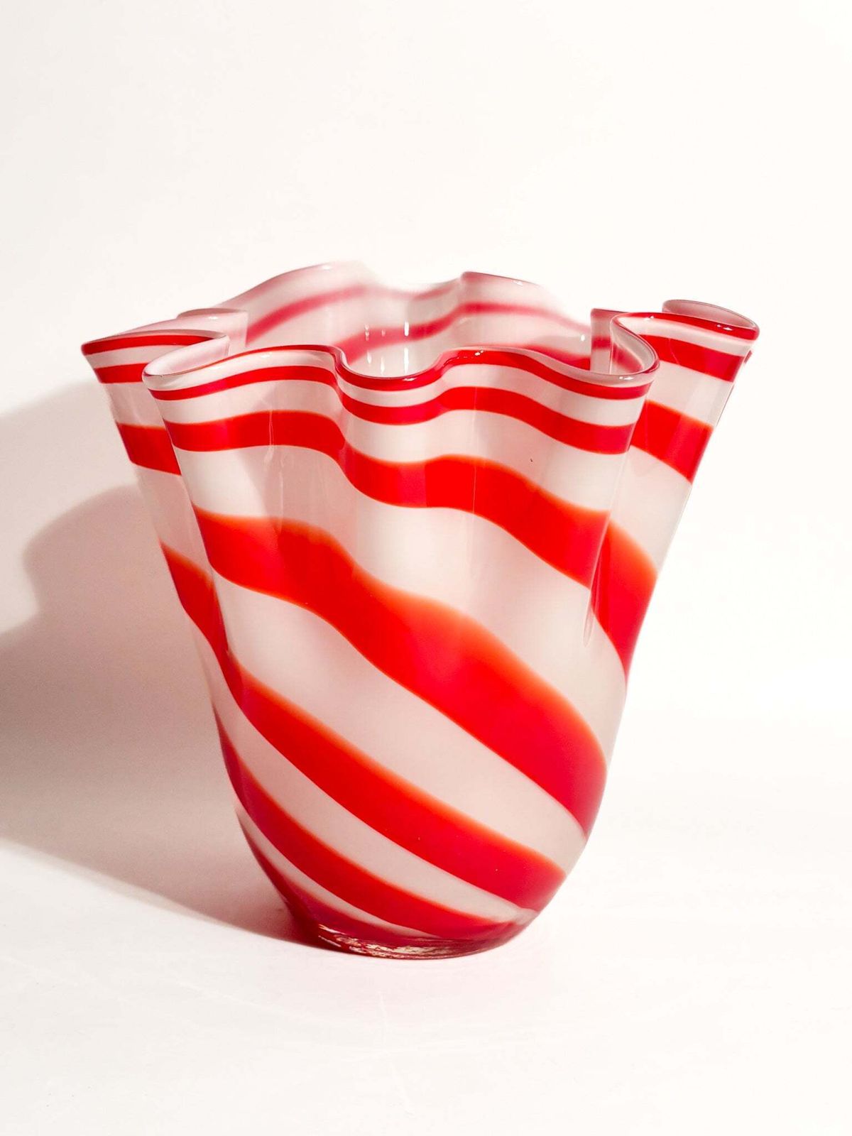 1980s White And Red Murano Glass Handkerchief Vase