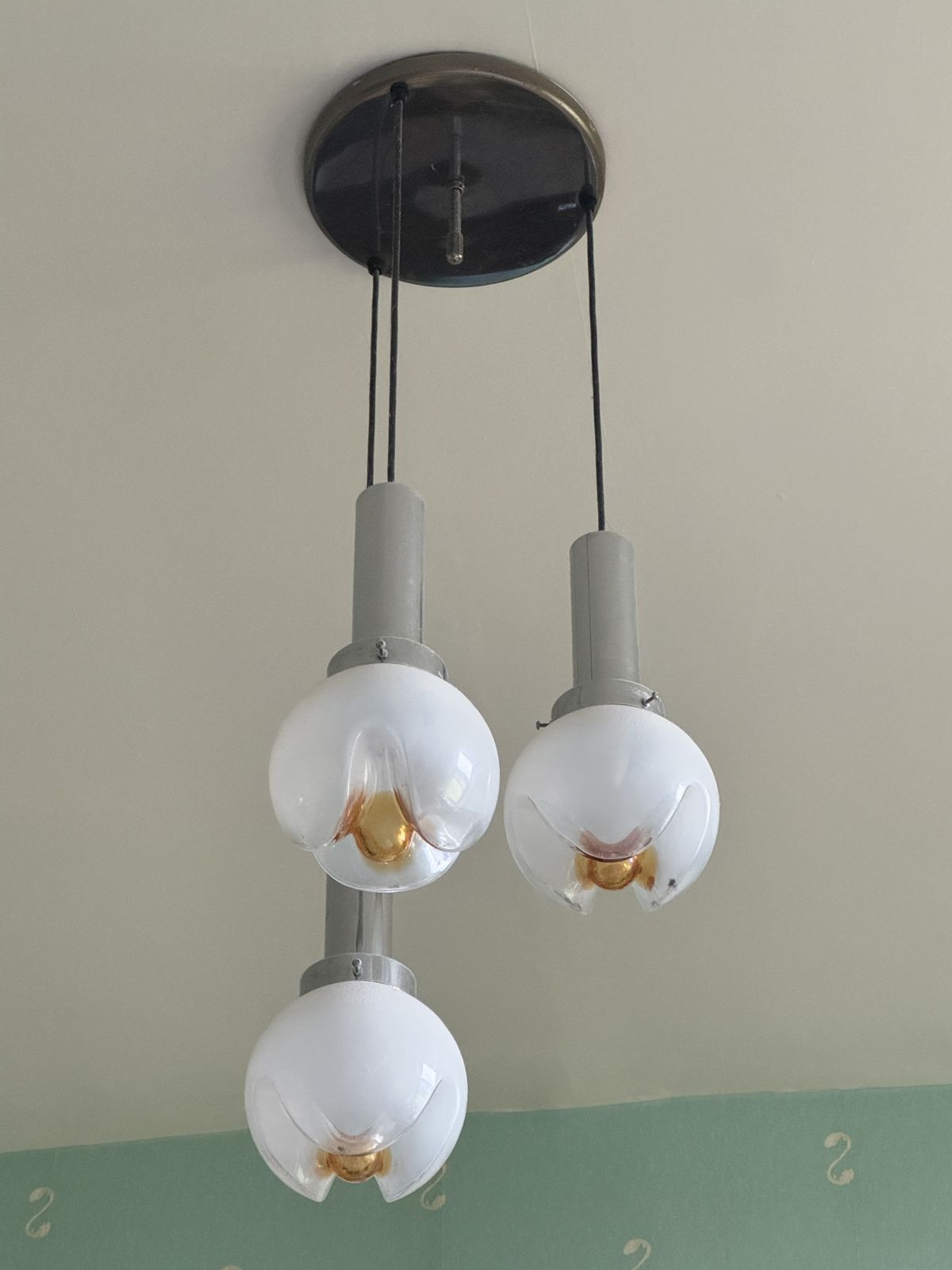 Murano Mazzega Opaline Murano Glass ‘Tulip’ Shades Pendant With Amber Centres   Vintage 1970s photo furniture