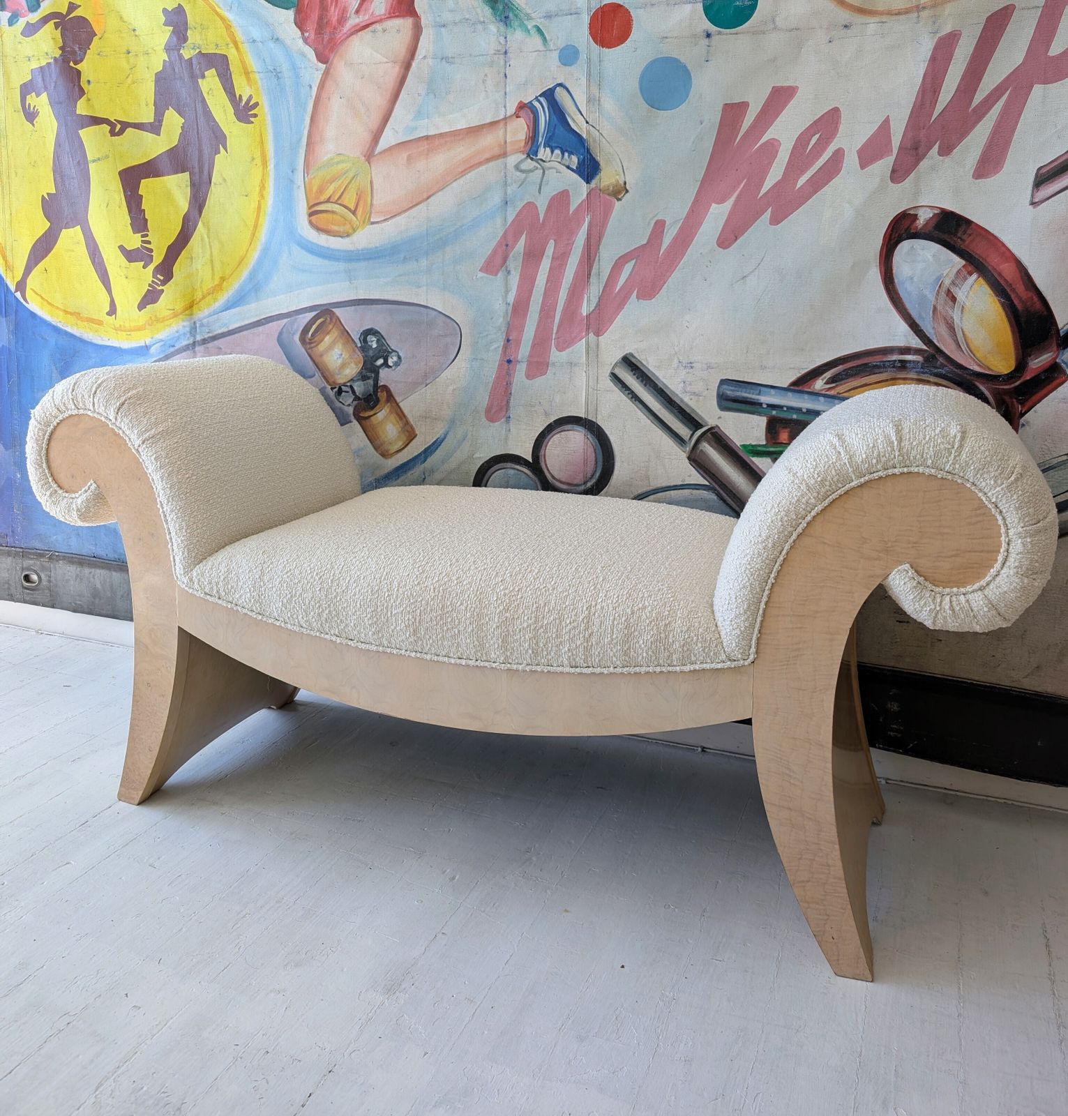 Large Vintage American Scroll End Burl & Boucle Upholstered Bench / Chaise photo for sale