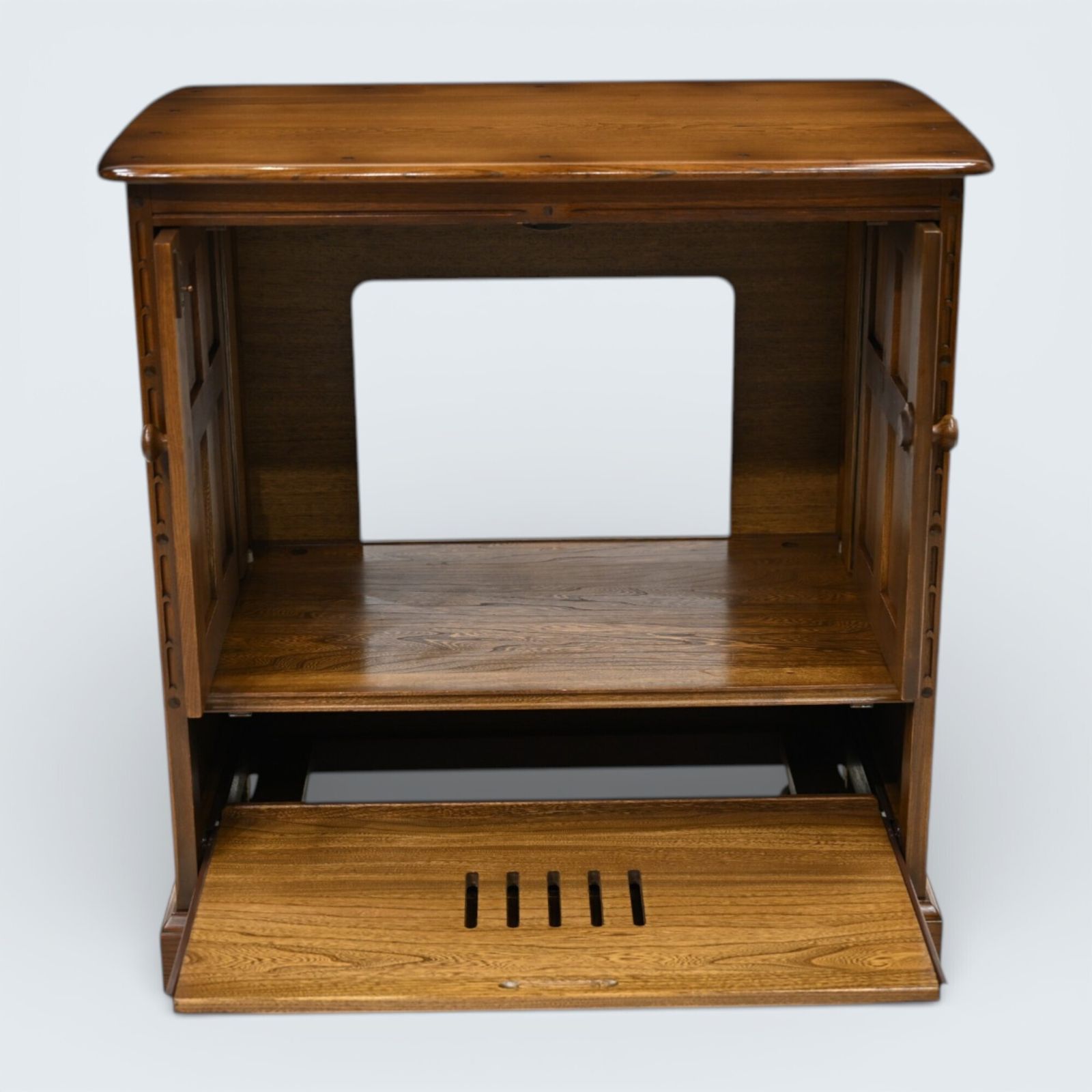 367.0 Ercol Mural Tv Video Cabinet Golden Dawn Corner Flap Model 839 Free Uk Delivery photo
