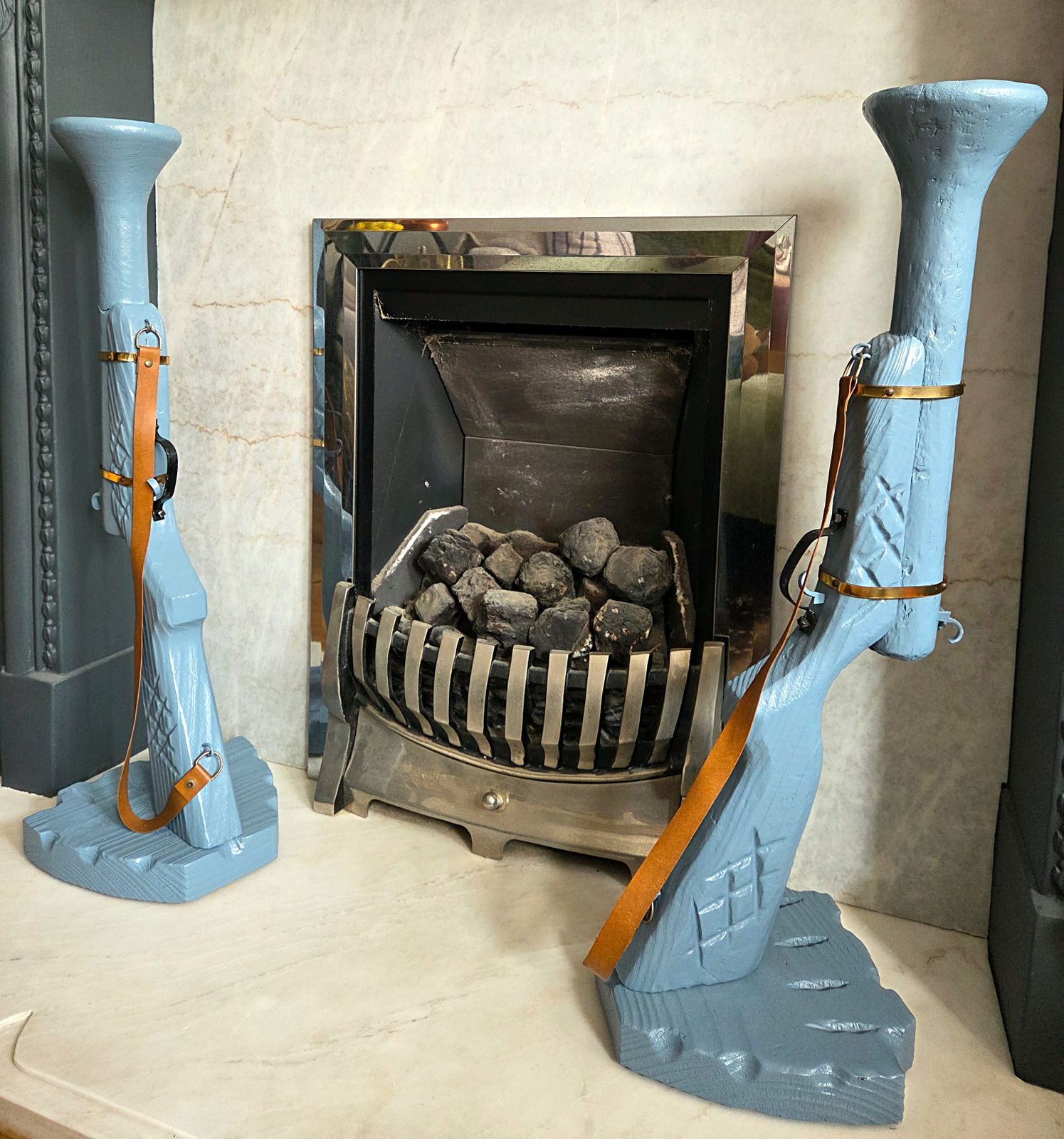 Pair Of Hand Carved Wooden Shotgun Candle Holders | Rustic Rifle Decor With Leather Straps photo 225.0