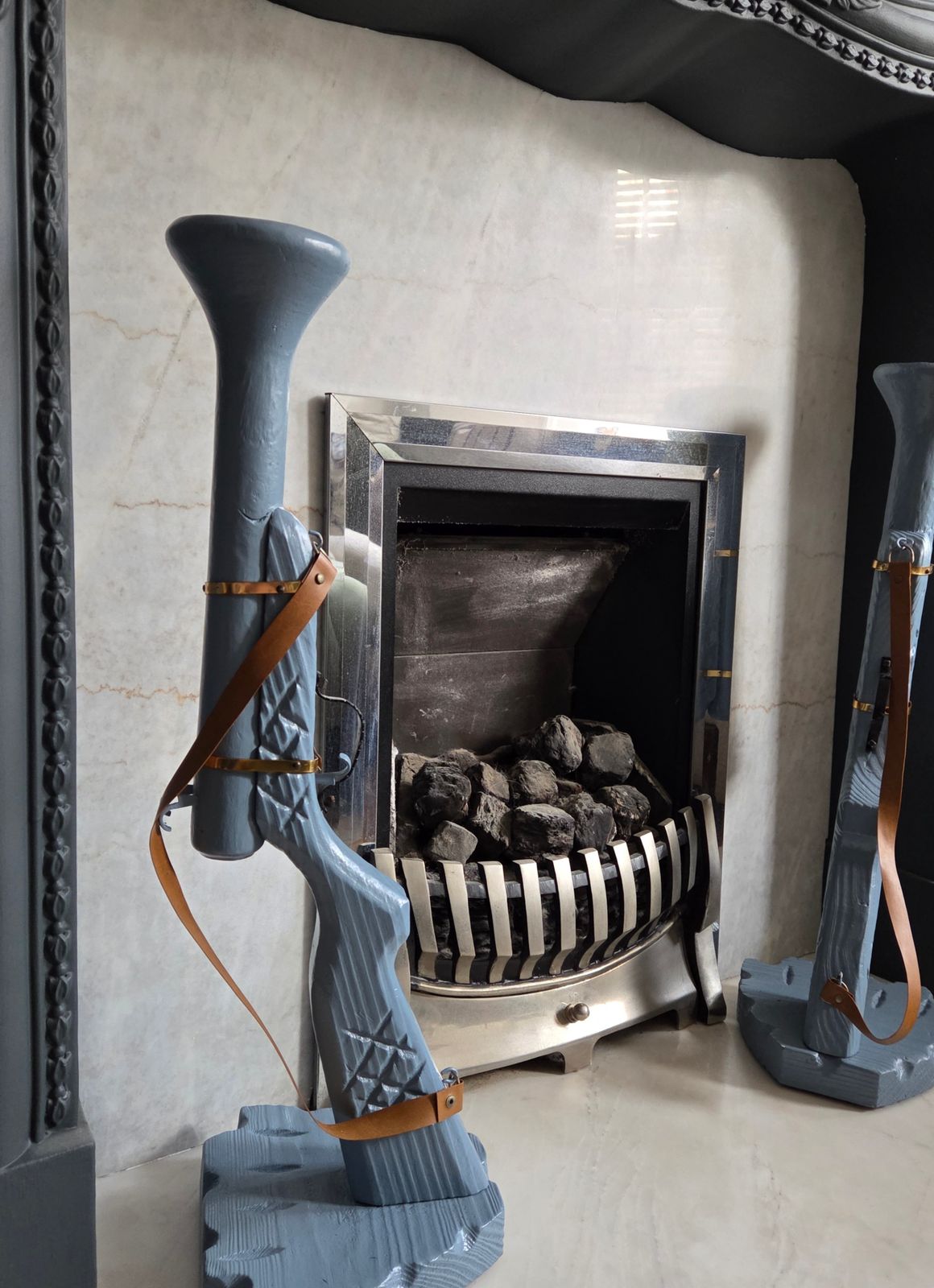Pair Of Hand Carved Wooden Shotgun Candle Holders | Rustic Rifle Decor With Leather Straps photo vinterior