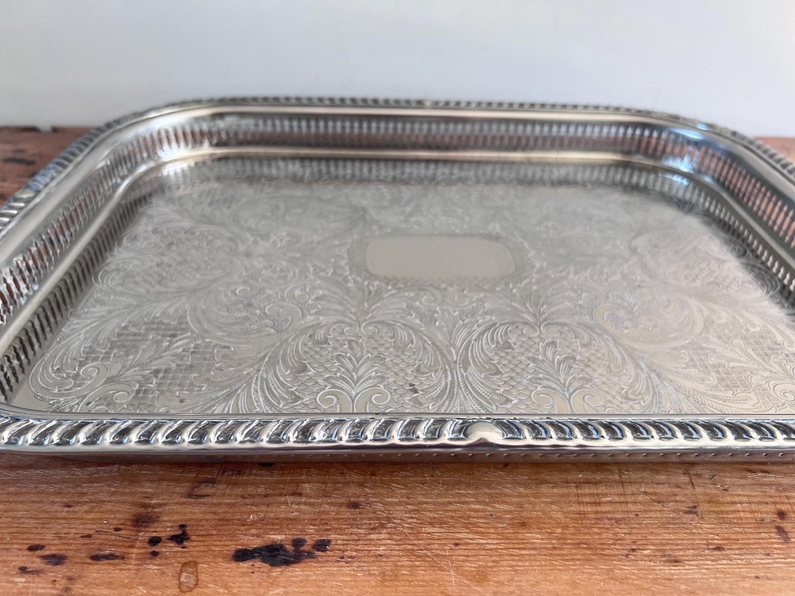 Large 18.5" Vintage Butler Cavalier Gallery Tray – English Silver Plated Serving Platter, Pierced Rim & Etched Scrollwork, Made In England photo for sale