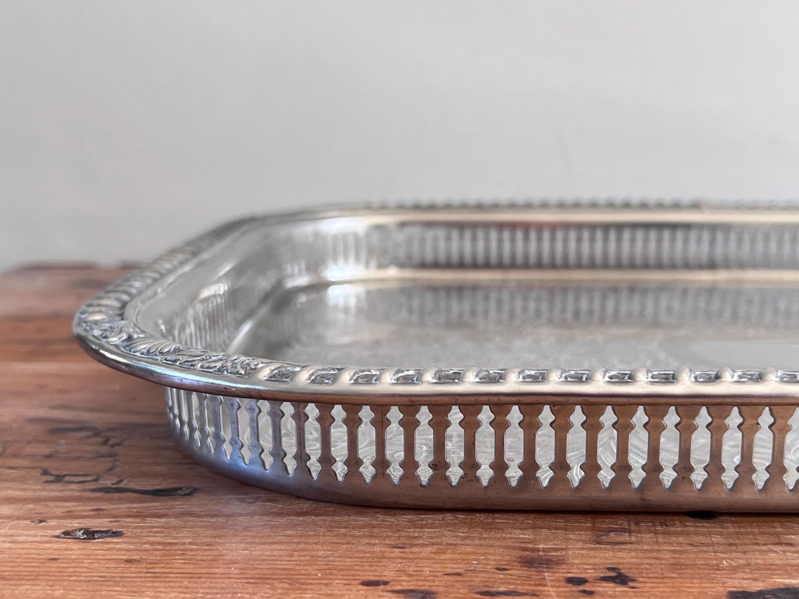 Large 18.5" Vintage Butler Cavalier Gallery Tray – English Silver Plated Serving Platter, Pierced Rim & Etched Scrollwork, Made In England photo vinterior