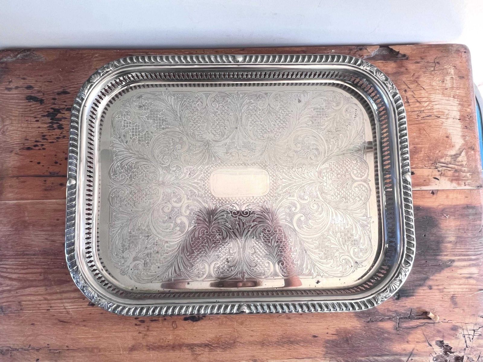 photo vinterior Large 18.5" Vintage Butler Cavalier Gallery Tray – English Silver Plated Serving Platter, Pierced Rim & Etched Scrollwork, Made In England