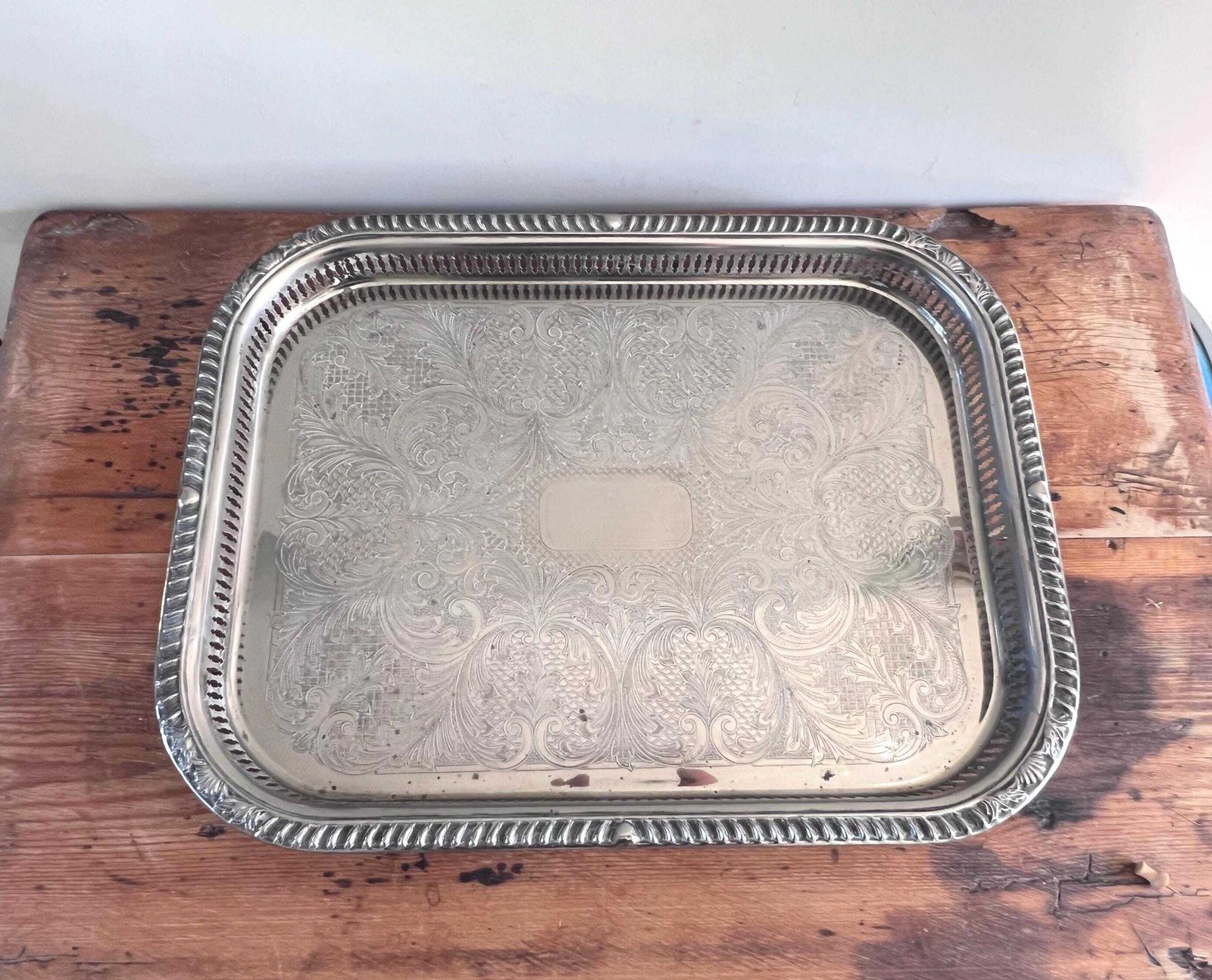 photo buy Large 18.5" Vintage Butler Cavalier Gallery Tray – English Silver Plated Serving Platter, Pierced Rim & Etched Scrollwork, Made In England