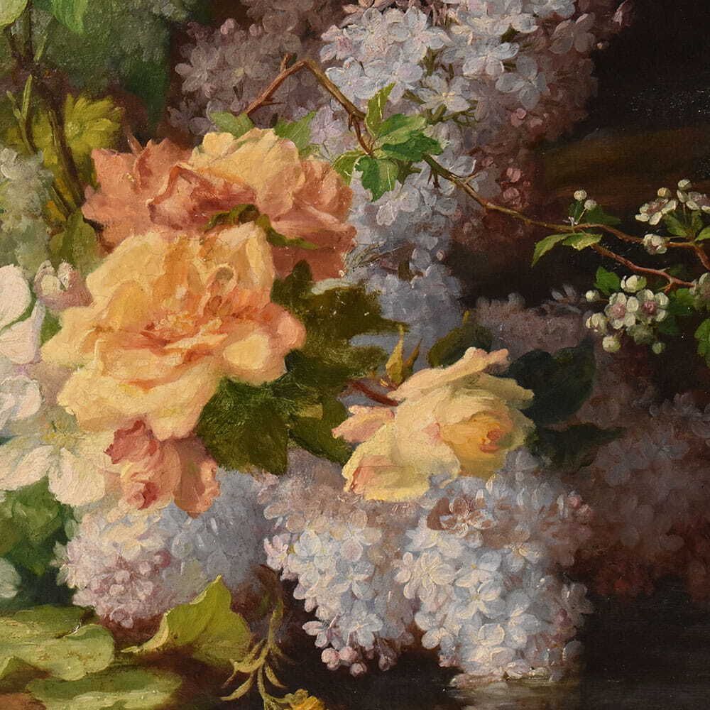Floral Still Life With Roses And Lilac, Antique Paintings,Flowers, Oil On Canvas, XIX (Qf734) photo Art