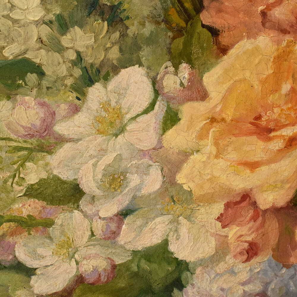 Floral Still Life With Roses And Lilac, Antique Paintings,Flowers, Oil On Canvas, XIX (Qf734) photo vinterior
