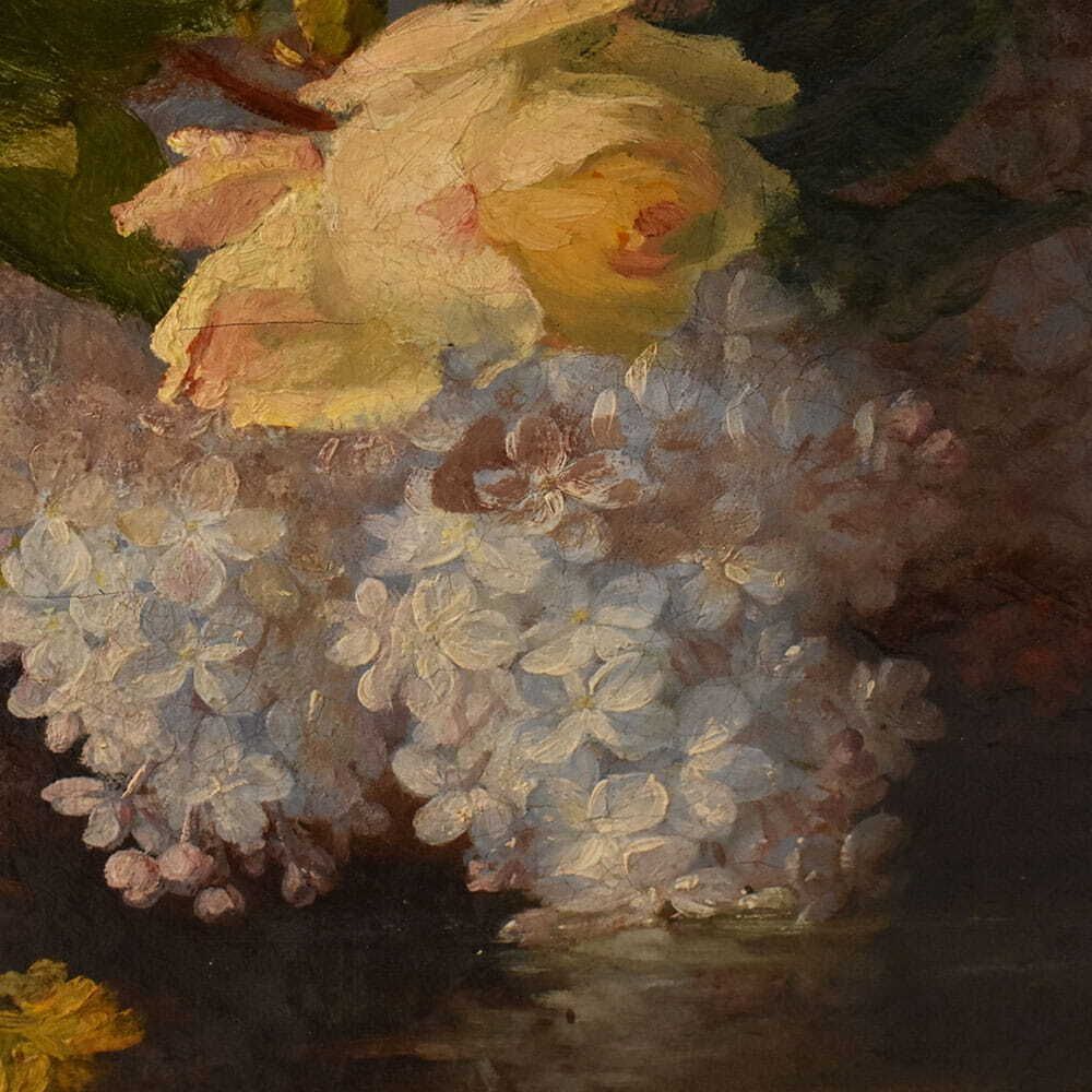 Floral Still Life With Roses And Lilac, Antique Paintings,Flowers, Oil On Canvas, XIX (Qf734) photo vintage