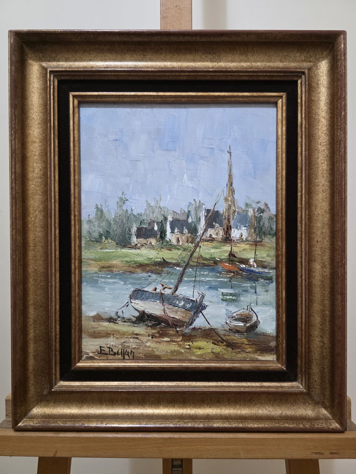 étienne Bellan Signed French Breton Harbour Scene Oil Painting, Framed.