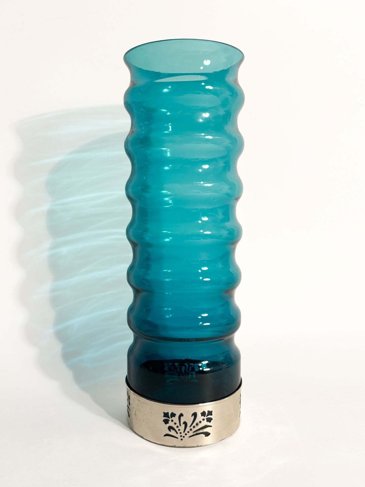 Cylindrical Vase In Blue Glass And Silver Metal, 1970s