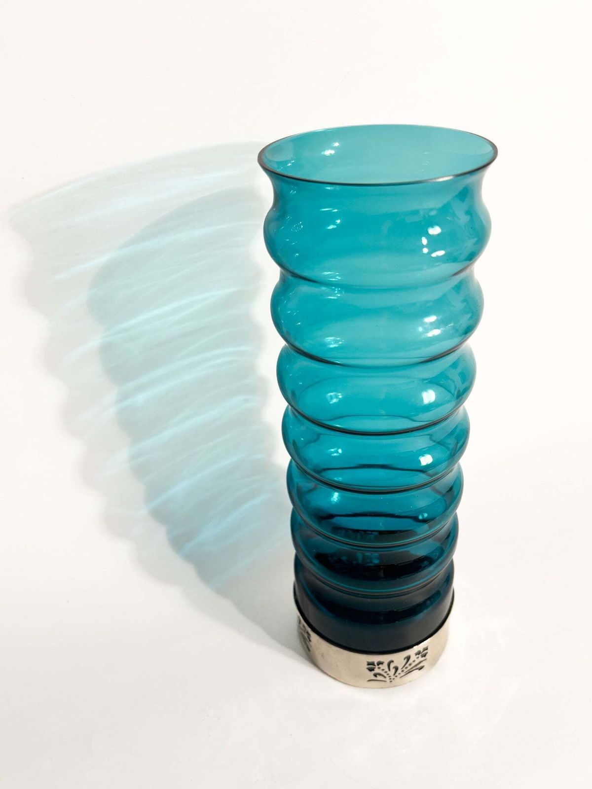 Cylindrical Vase In Blue Glass And Silver Metal, 1970s photo for sale
