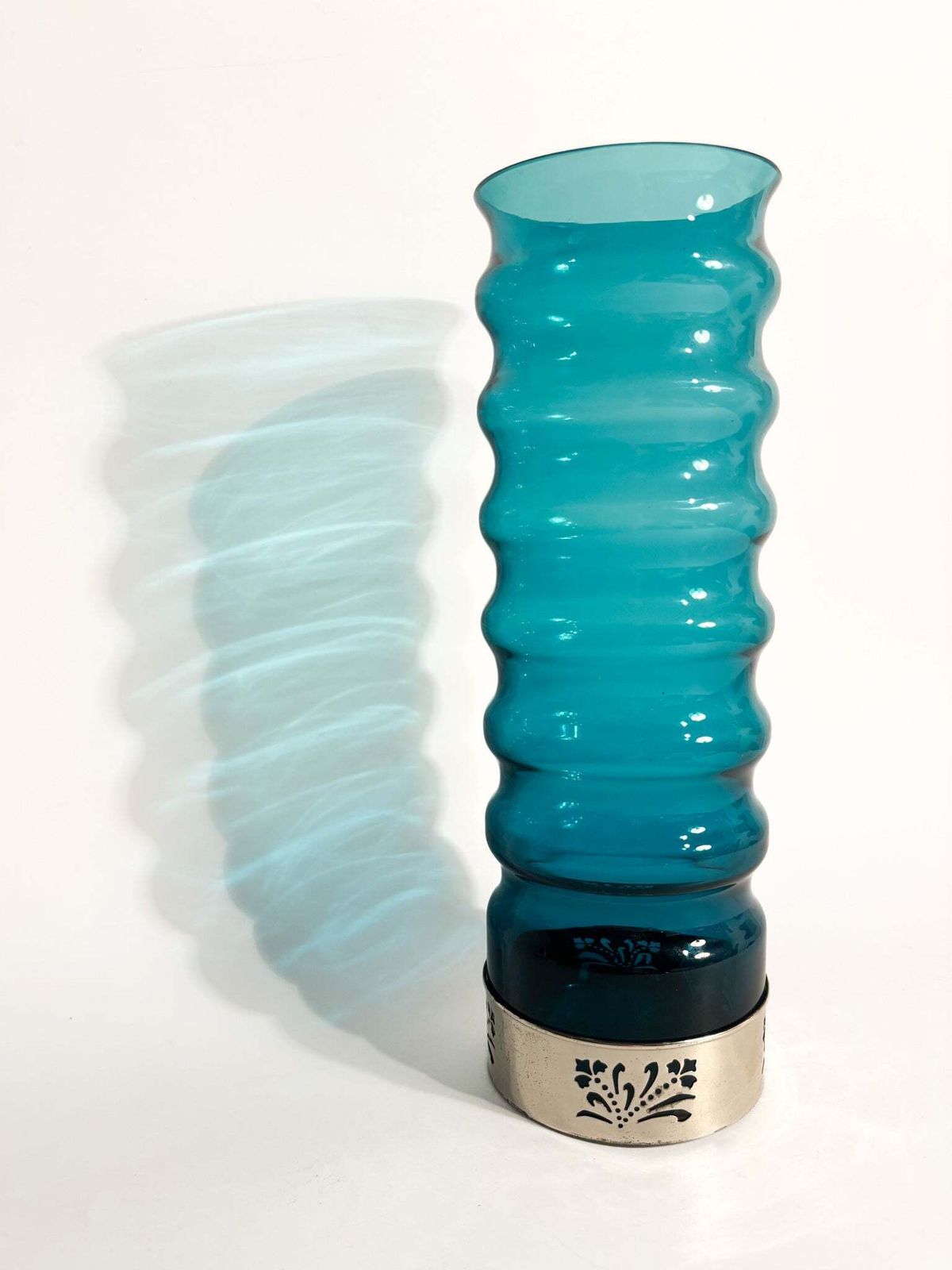 Cylindrical Vase In Blue Glass And Silver Metal, 1970s photo Home Decor