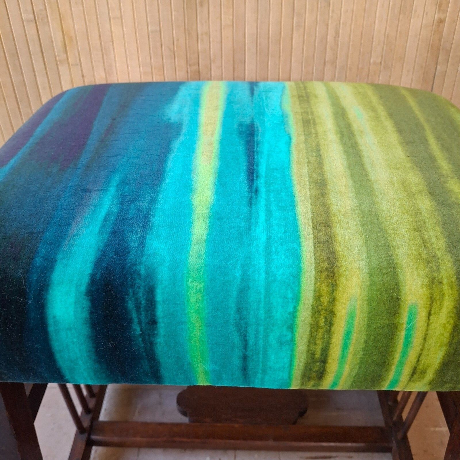 Fab Antique Dark Oak Piano Dressing Stool Blue Green Ombre Velvet photo Furniture