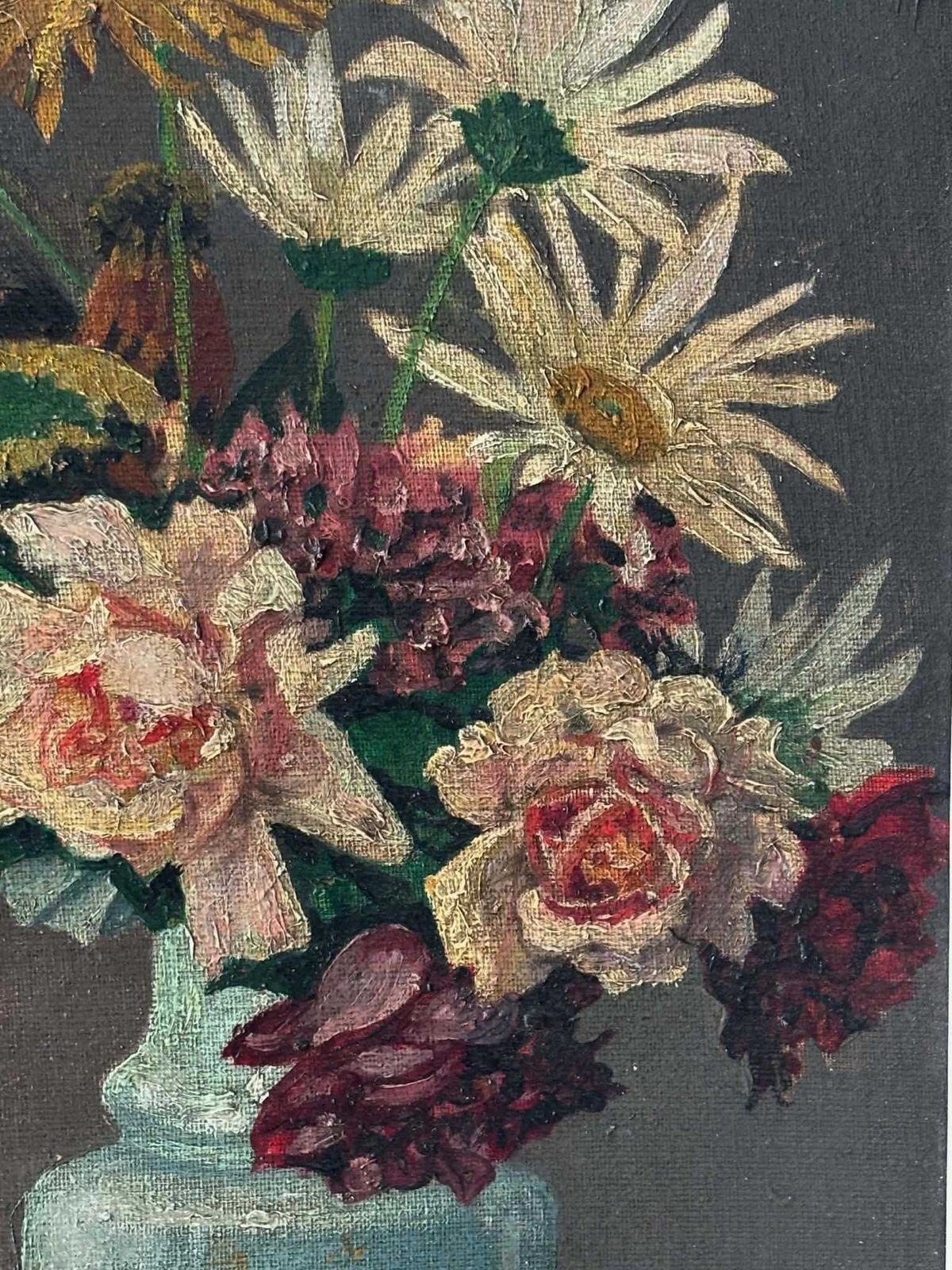 Floral Still Life Painting In Ornate Gilded Frame, Belgian Antique Romantic Cottage Wall Art, Classic Vase With Flowers photo 375.0
