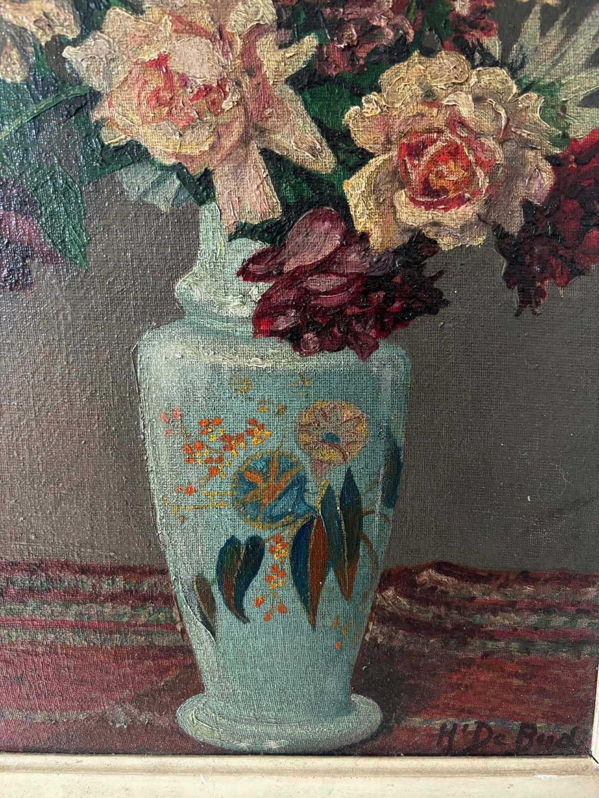 Floral Still Life Painting In Ornate Gilded Frame, Belgian Antique Romantic Cottage Wall Art, Classic Vase With Flowers photo buy
