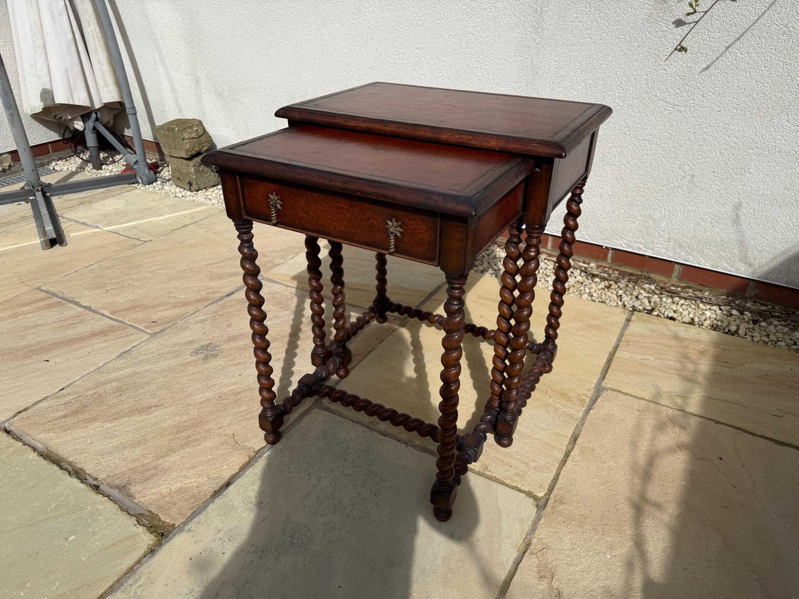 Jonathan Charles/Harrods Walnut Barley Twist Nest Of Two Tables With Leather Inset And Single Drawer To Small Table photo vinterior