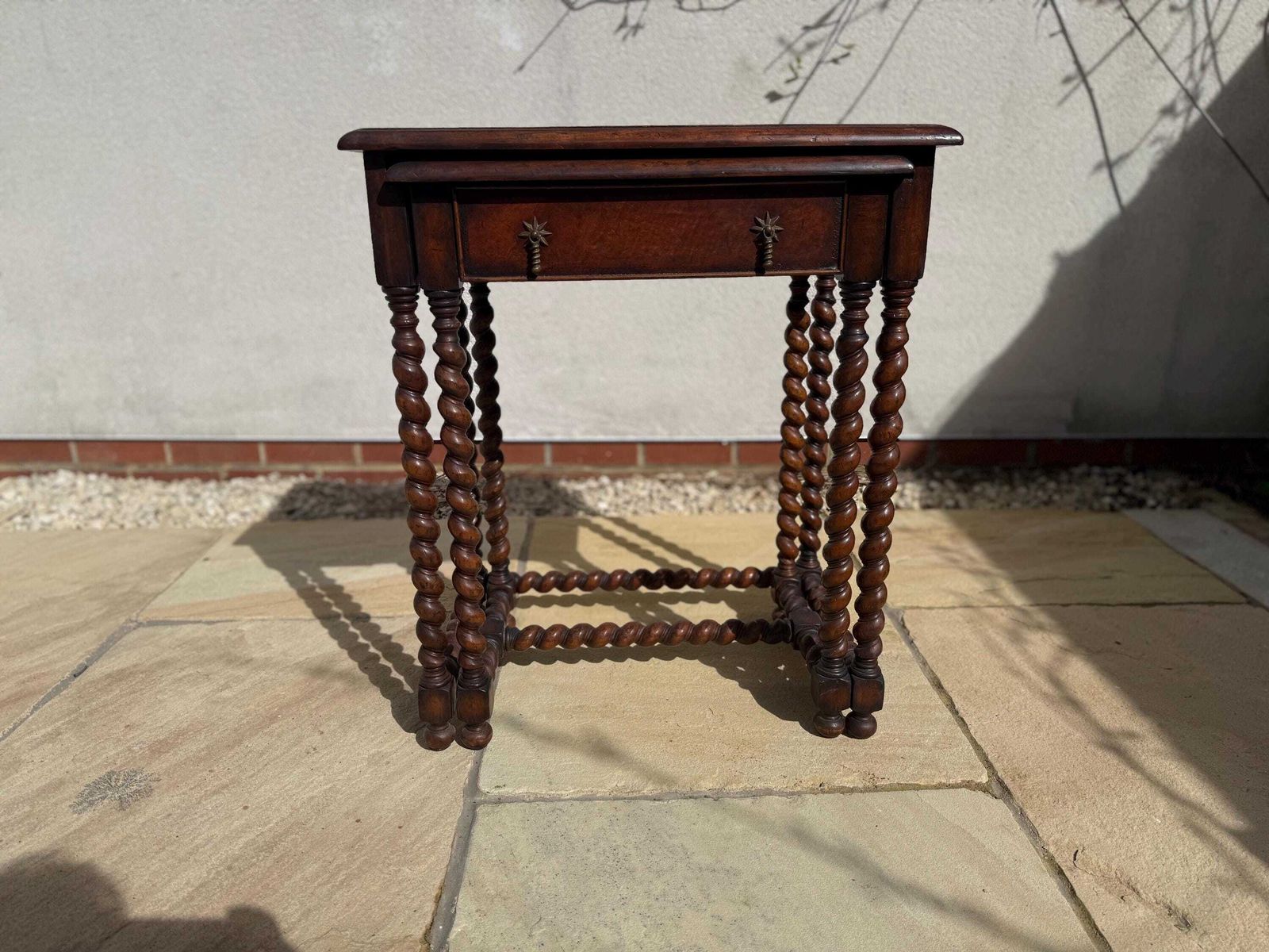 600.0 Jonathan Charles/Harrods Walnut Barley Twist Nest Of Two Tables With Leather Inset And Single Drawer To Small Table photo