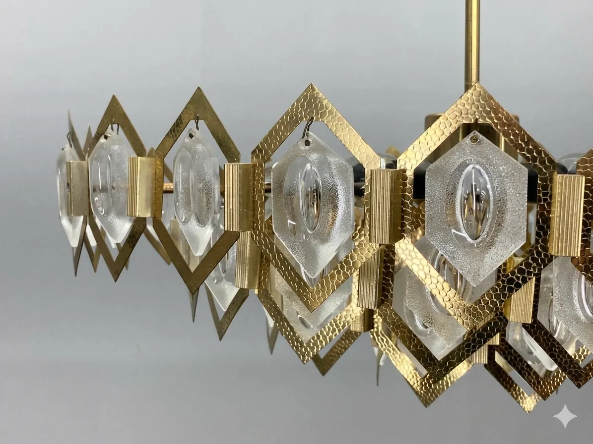 Faceted Glass Chandelier Brass Jaroslav Bejvl Kamenický šenov 1960s Czechoslovakia photo for sale