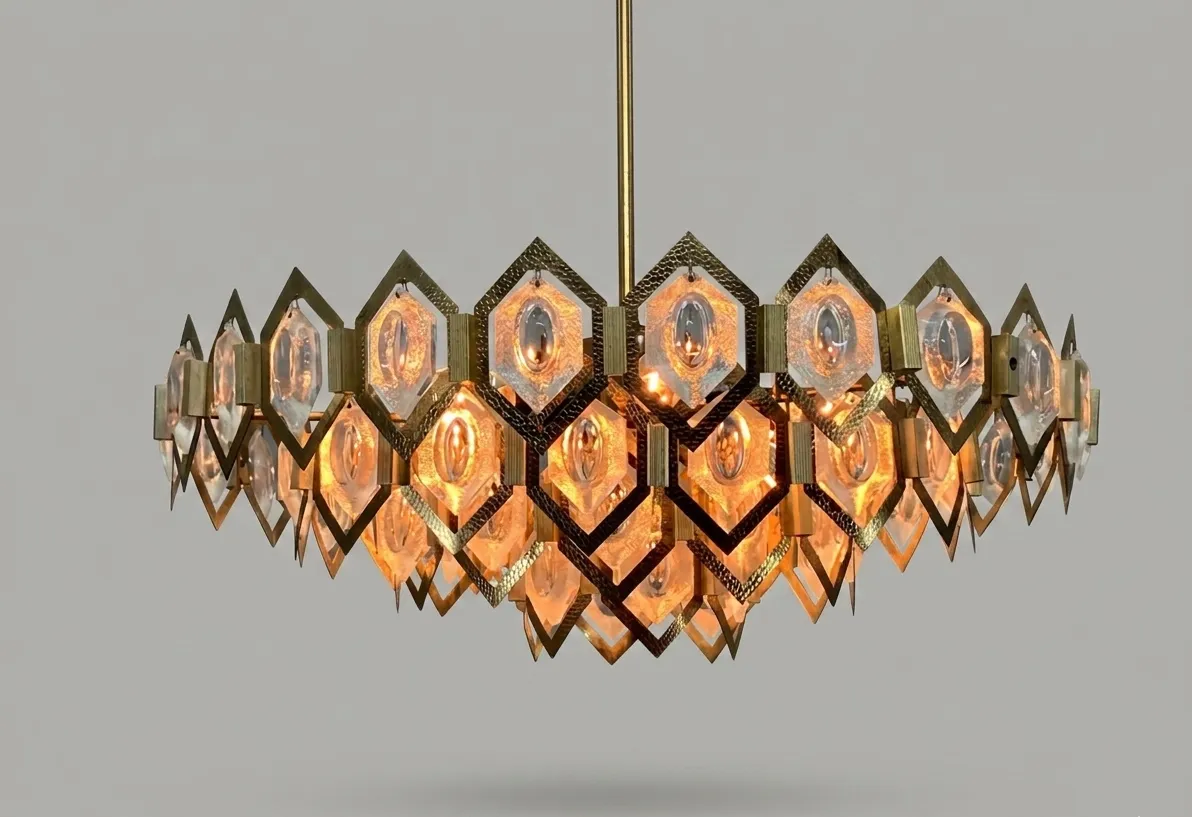 Faceted Glass Chandelier Brass Jaroslav Bejvl Kamenický šenov 1960s Czechoslovakia photo vinterior