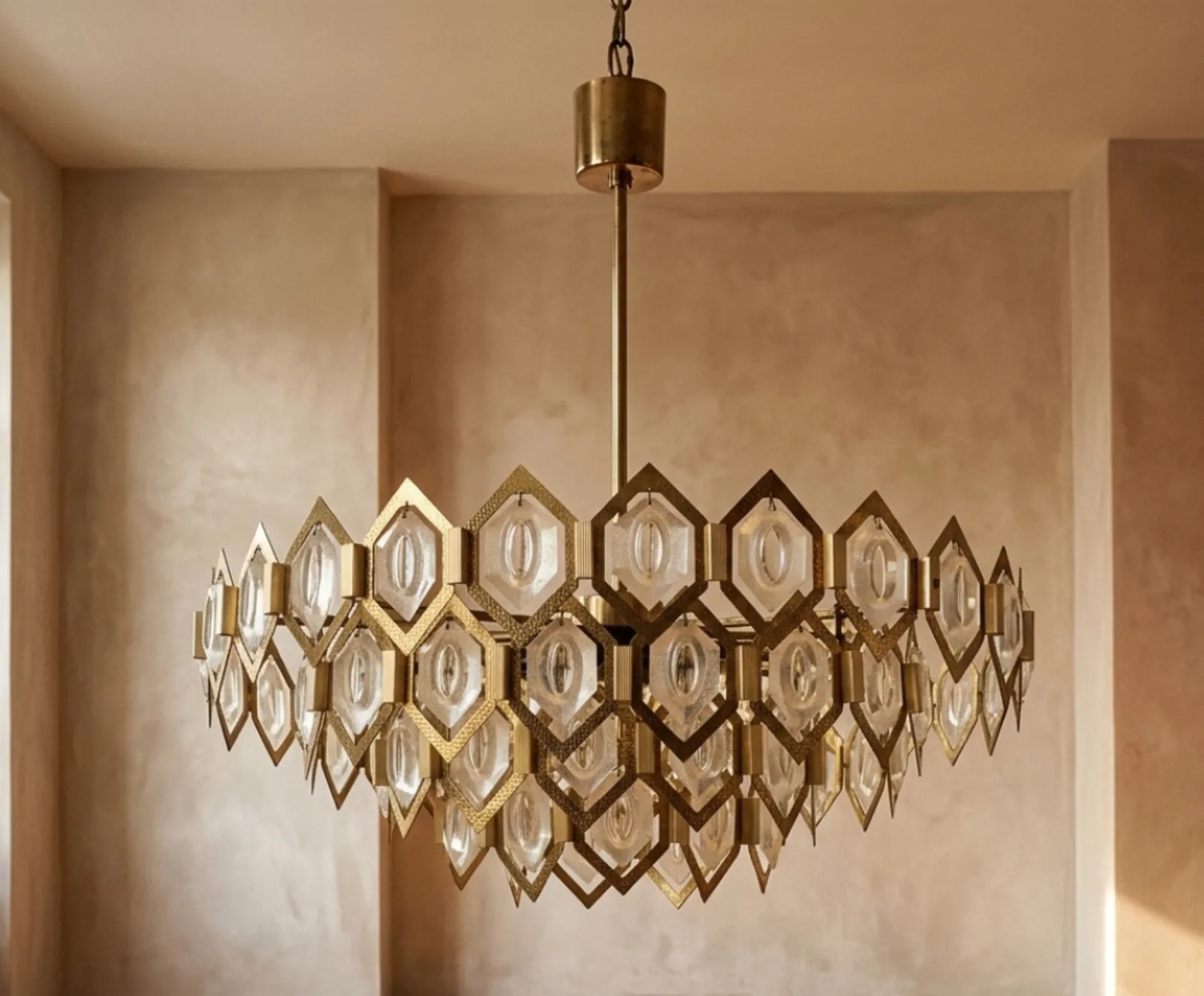 Faceted Glass Chandelier Brass Jaroslav Bejvl Kamenický šenov 1960s Czechoslovakia photo vintage