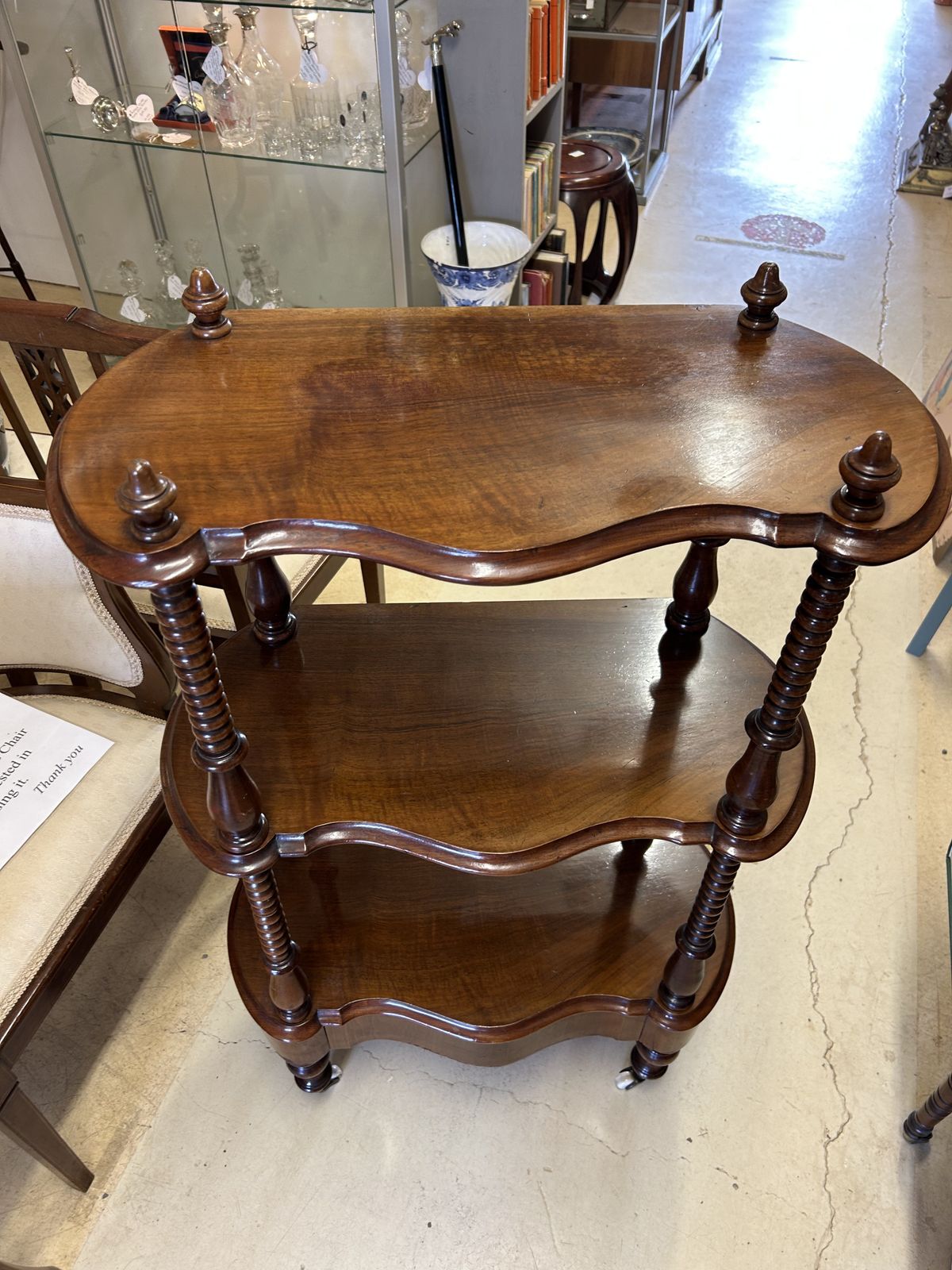 Antique Mahogany 3 Shelf What Not With Drawer On Castors photo for sale