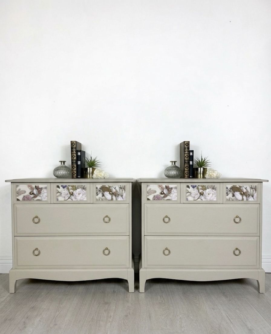 Stag Floral Neutral Oversized Bedside Cabinets | Vintage Pair Uk photo Furniture
