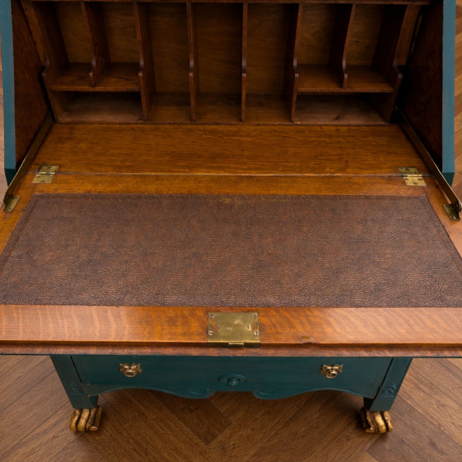 Elegant Vintage Bureau Bookcase In Deep Teal With Glazed Display Top photo vintage