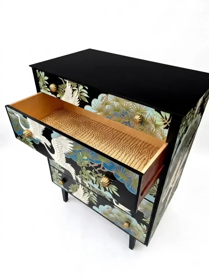 photo for sale Upcycled Vintage Mid Century Chest Of Drawers With Chinoiserie Design