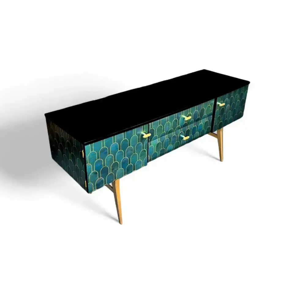 Luxury Upcycled Mid Century Meredew Sideboard With Metallic Geometric Decoupage photo 945.0