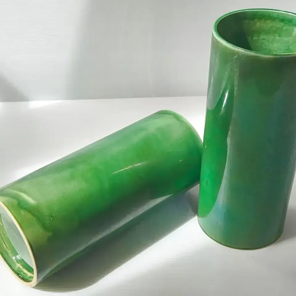 Pair Of Vintage 1950s Roller Vases Green Ceramic Signed 50s photo furniture