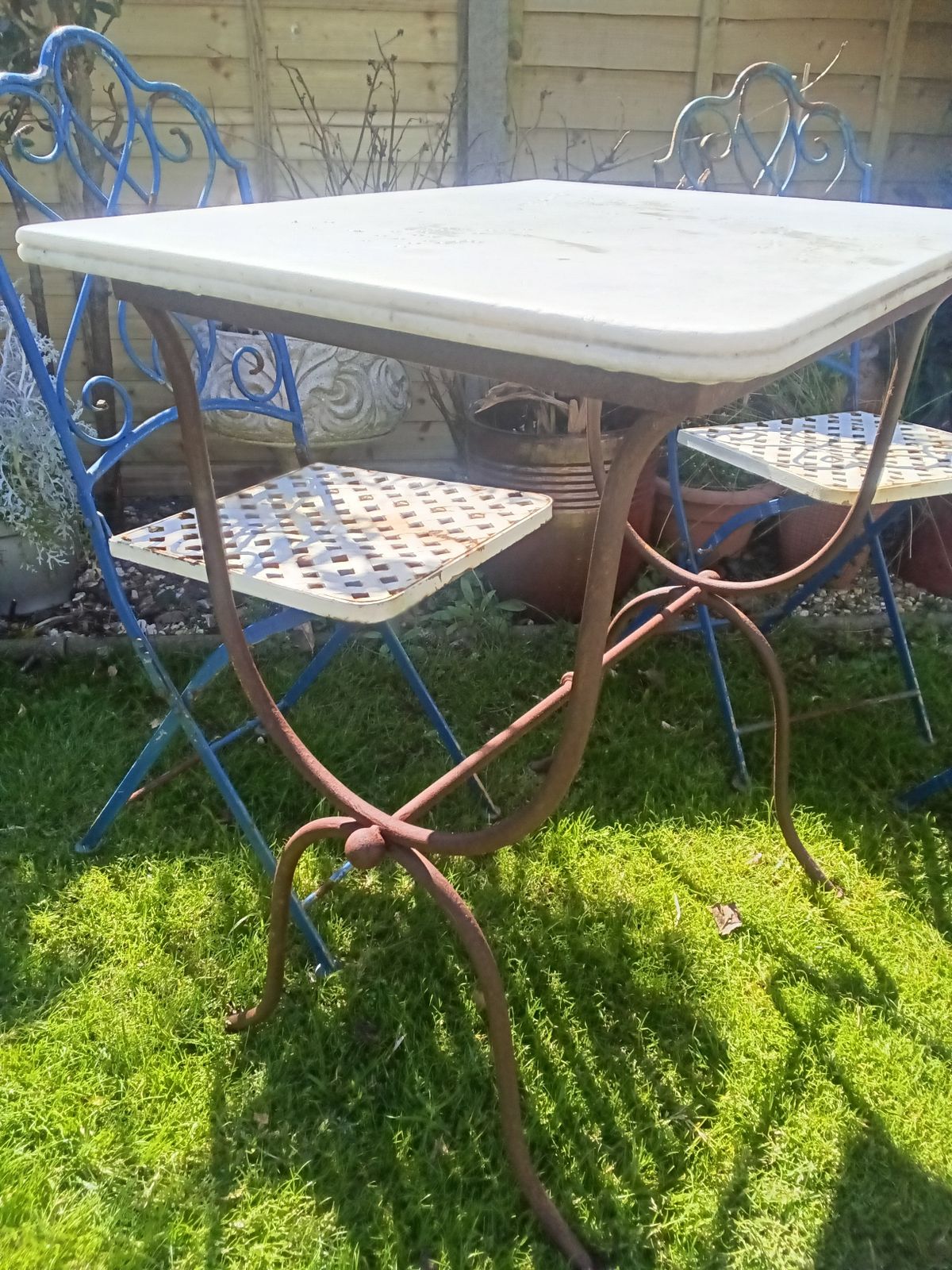 Vintage Set Of 4 French Folding Bistro Chairs With French Wrought Iron Marble Top Side Table. photo for sale