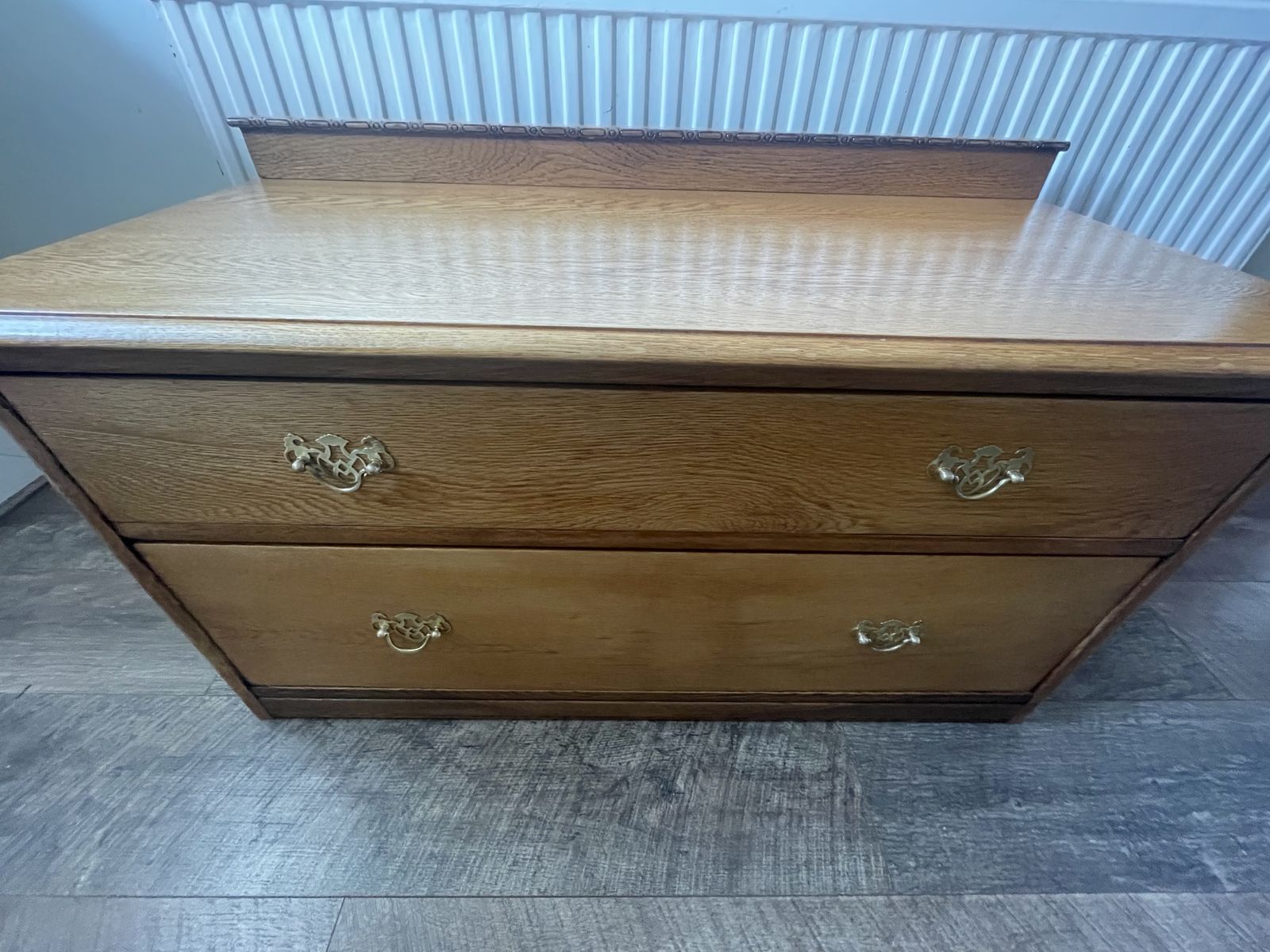 Vintage Solid Oak 2 Drawers Of Chest Of Drawers With Brass Handles photo for sale