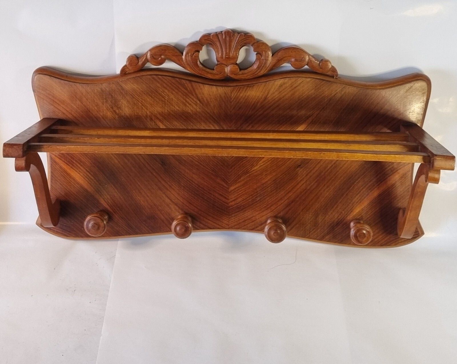 Vintage Ornate Wooden French Coat & Hat Rack 4 Hooks Wall Mounted Walnut Veneer