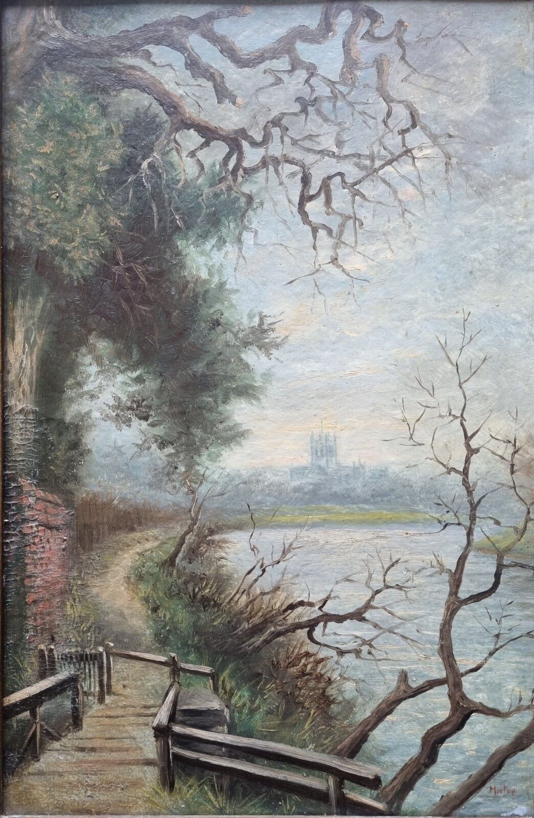 Antique Landscape Oil Painting On Board Signed Morton River Path Cathedral photo furniture