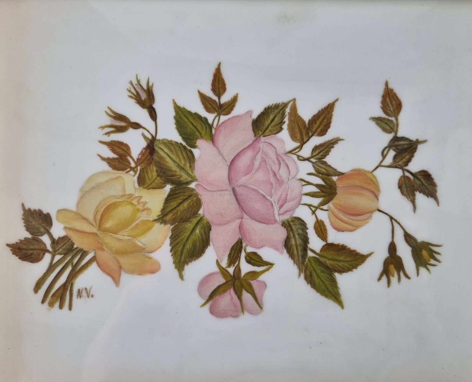 Victorian Botanical Rose Oil Painting On White Glass Ornate Gesso Frame Floral photo furniture