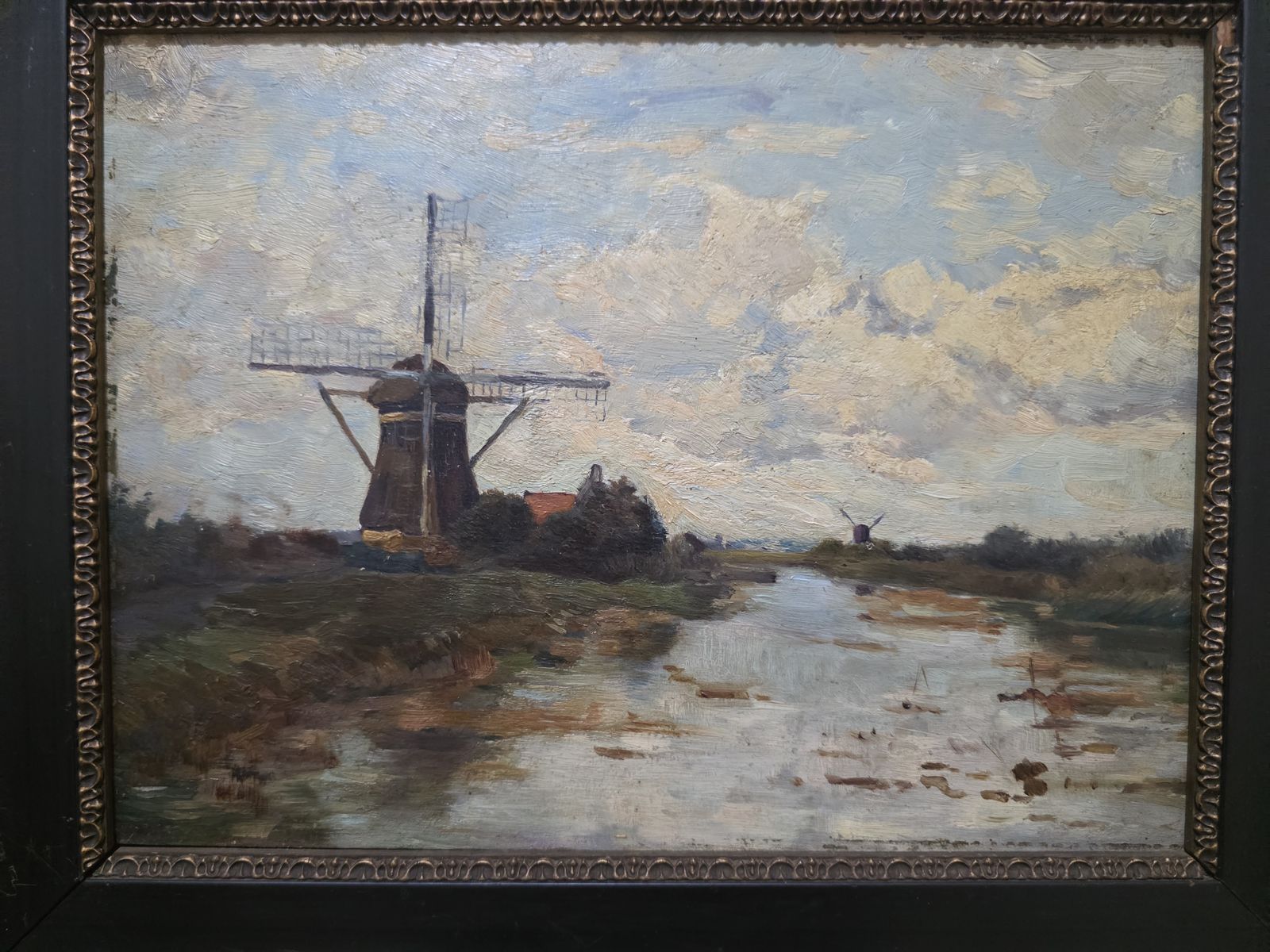 Antique Dutch School Windmill Landscape Oil On Board In Period Frame photo furniture