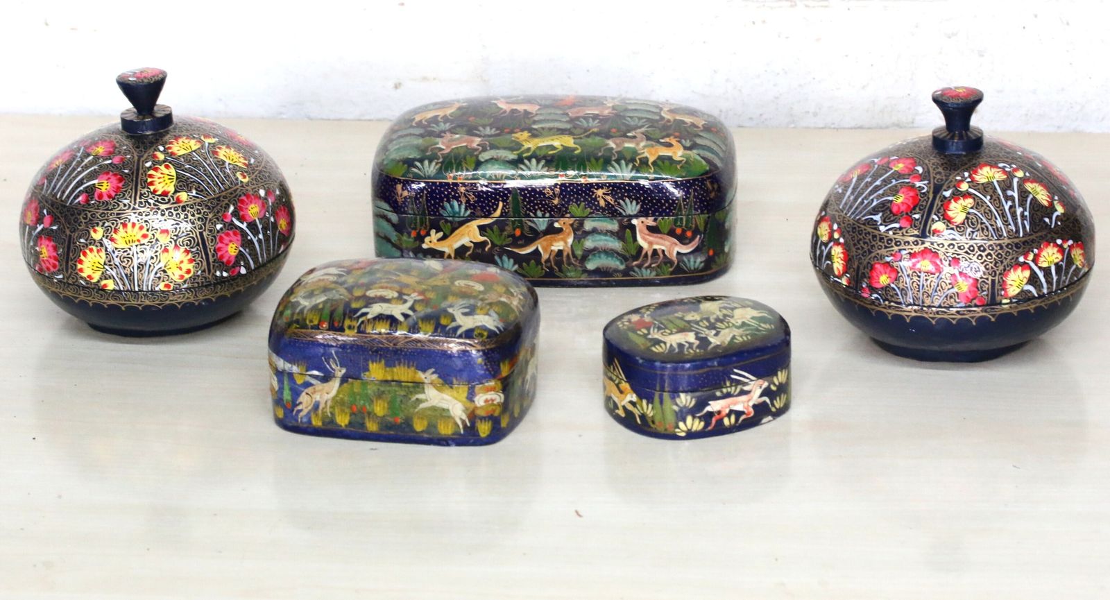A Collection Of Highly Decorative Kashmiri Paper Mache Pots 5 In Total Some Antique photo furniture
