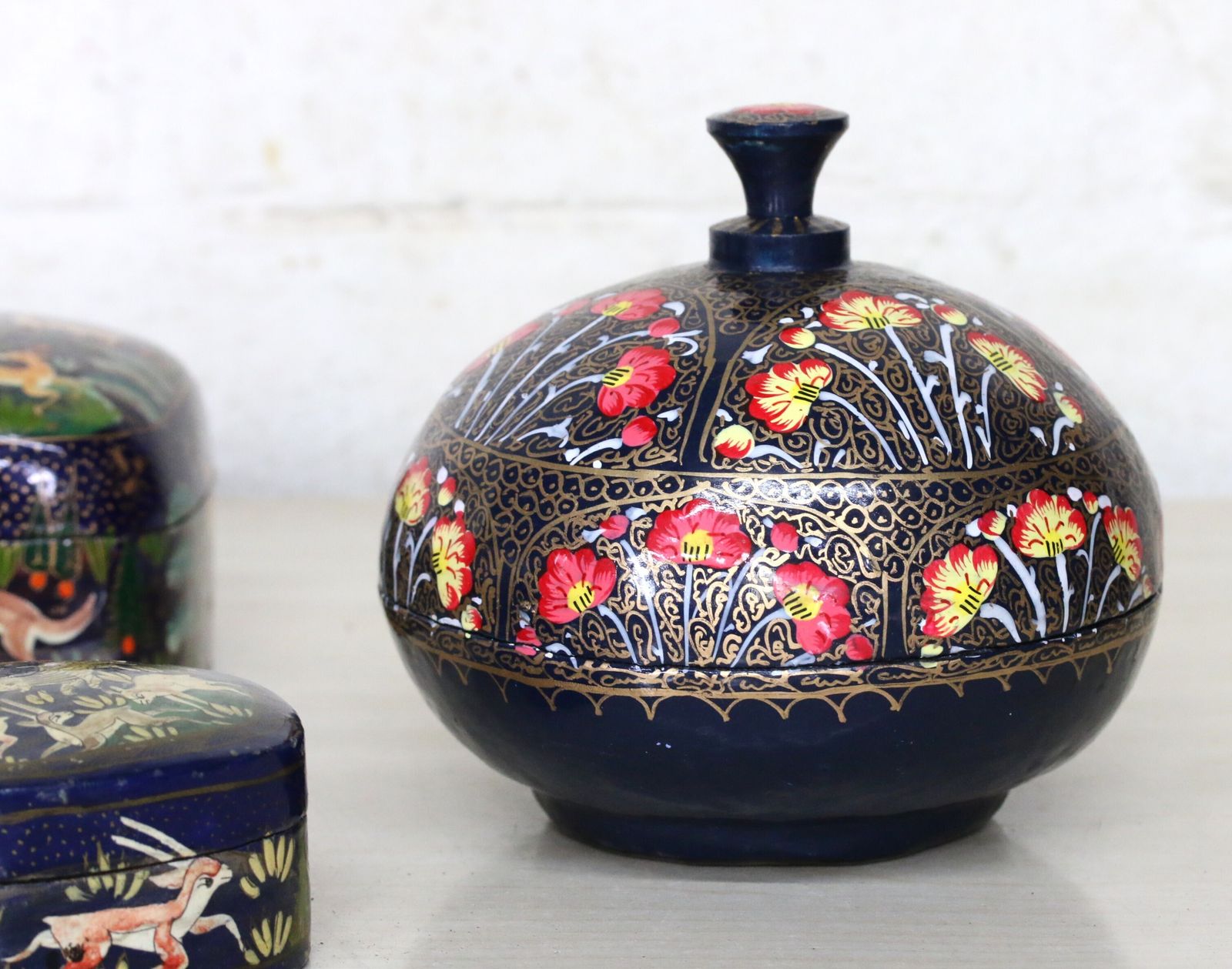 A Collection Of Highly Decorative Kashmiri Paper Mache Pots 5 In Total Some Antique photo for sale