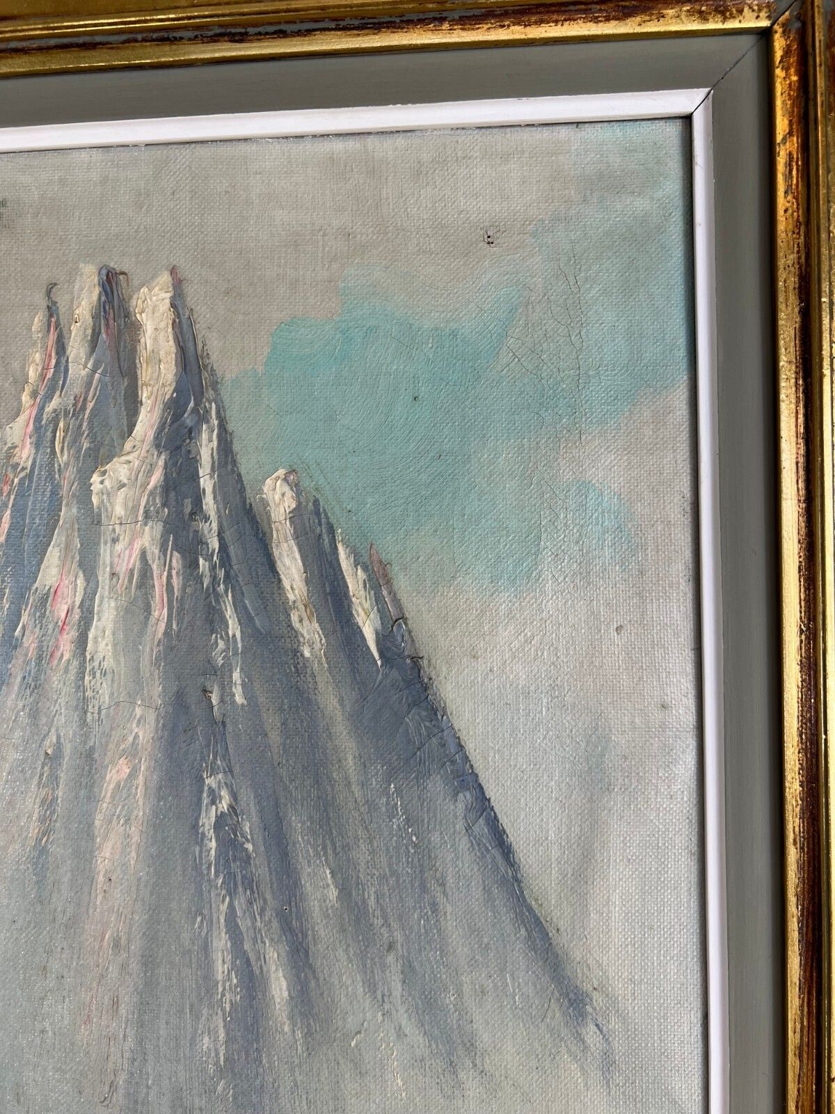 Painting Vintage Oil Landscape Mountain Deer Signed Framed Carved Lot 5113. photo 199.0