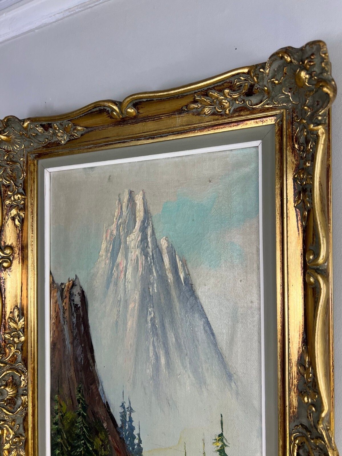 photo for sale Painting Vintage Oil Landscape Mountain Deer Signed Framed Carved Lot 5113.