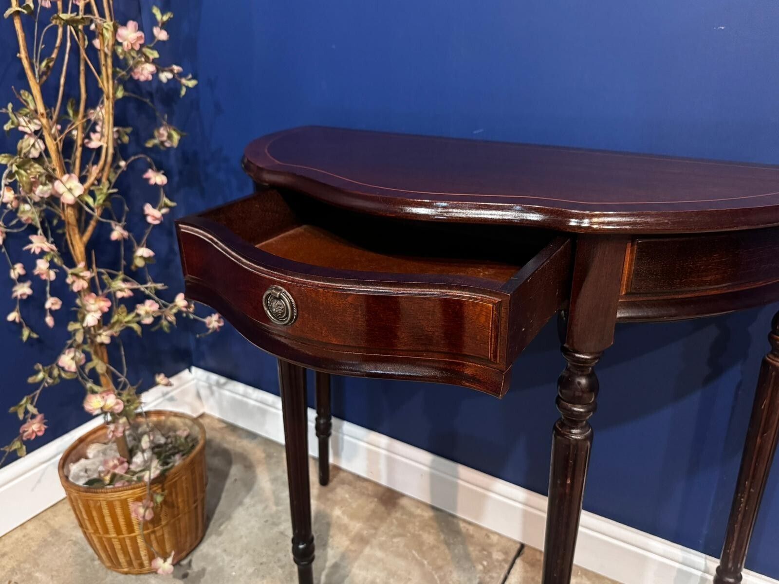 photo furniture Vintage Burr Mahogany Veneered Demi Lune Console Table Hall Side Plant Stand.