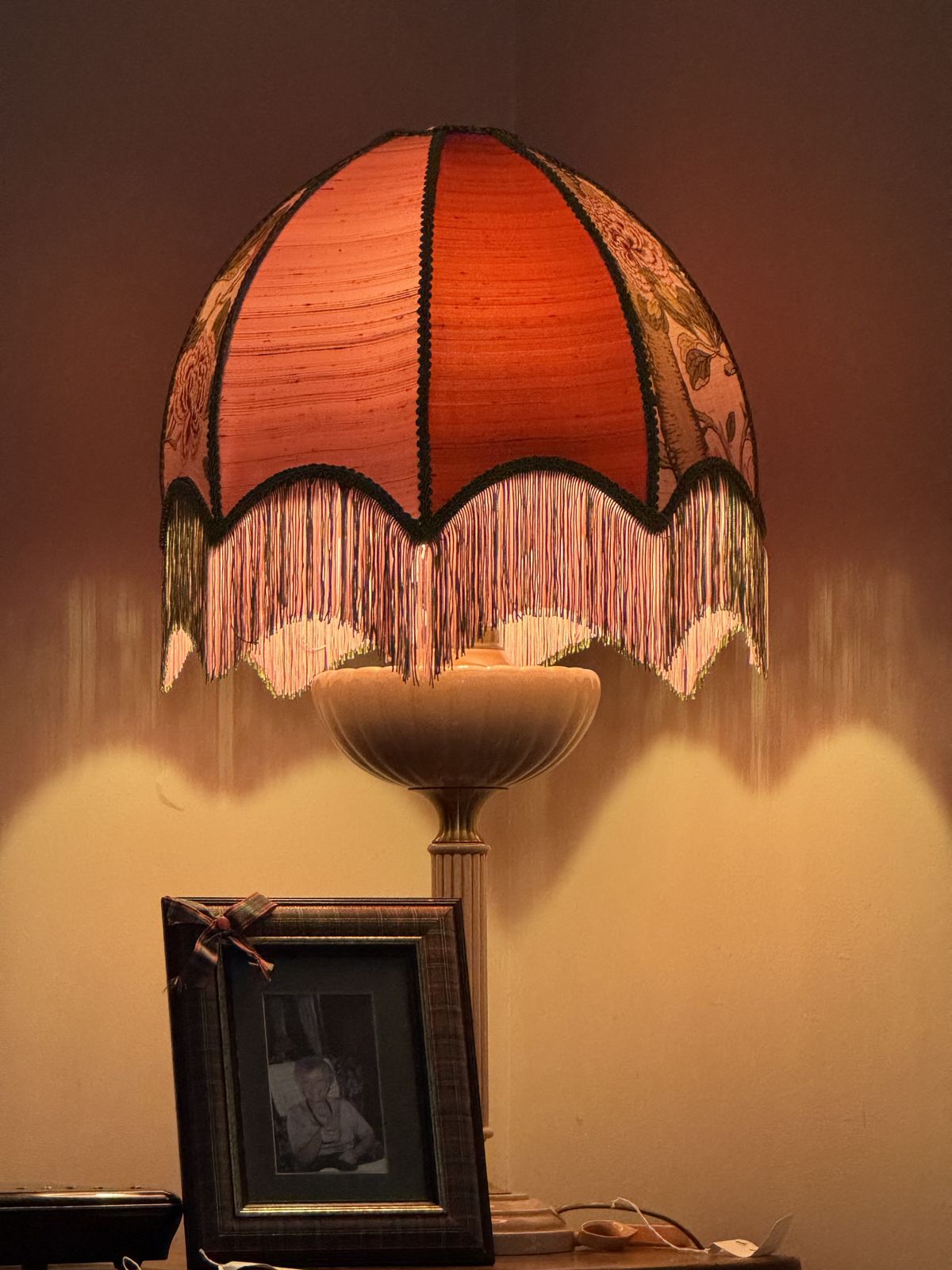A Unique Vintage French Napoleonic Style Sectional Ceramic Table Lamp With Hand Sewn Shade. photo furniture