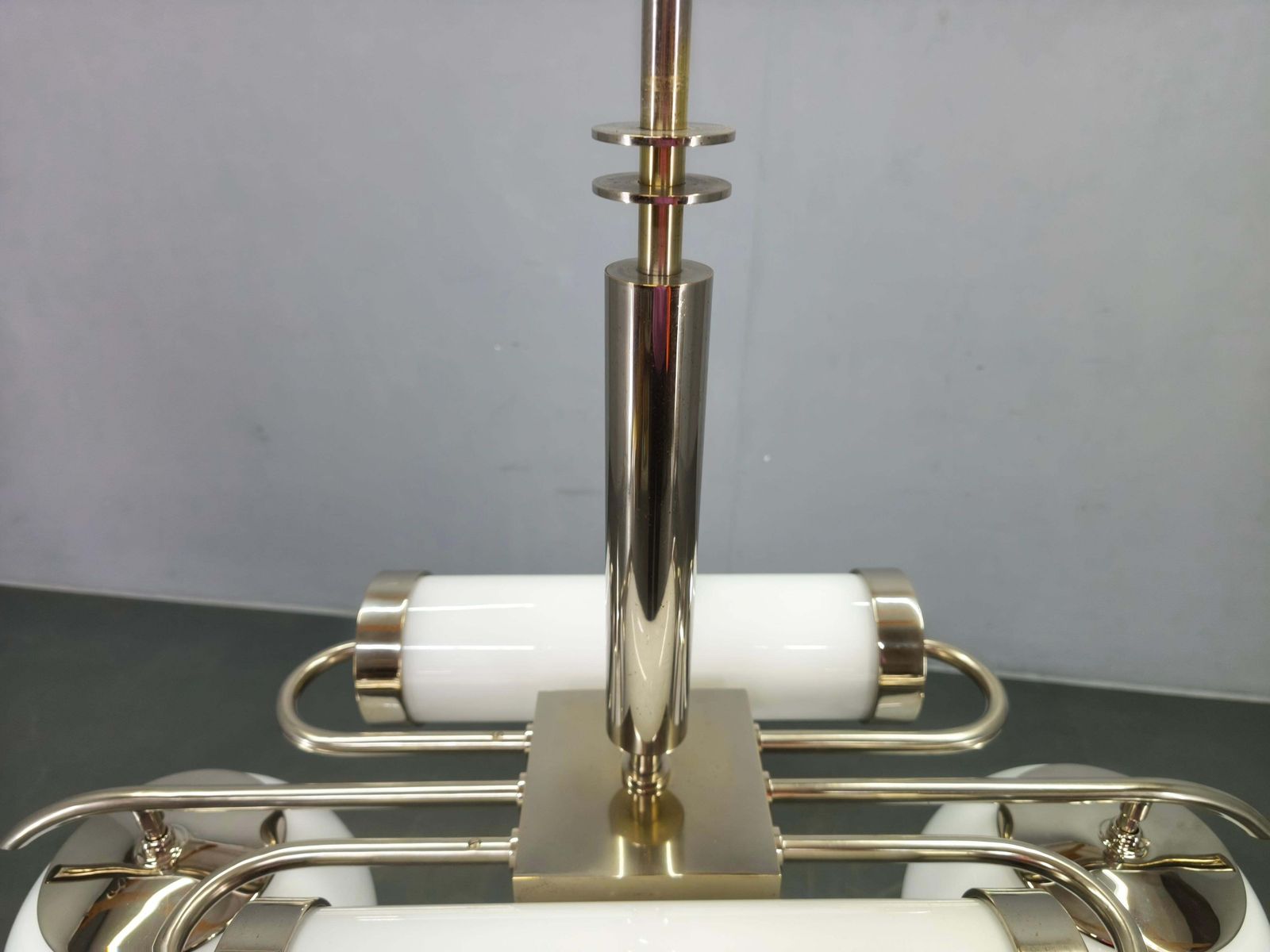 photo for sale Exceptional Bauhaus Chrome Chandelier With Glass Shades, 1930s