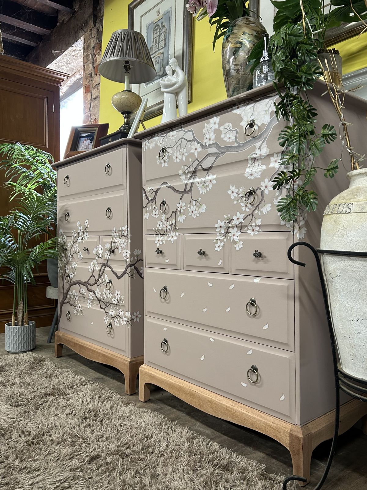 A Stunning And Unique Pair Of Teak Stag Minstrel Tallboy Chests Of Drawers With Cherry Blossom Chinoiserie. photo for sale