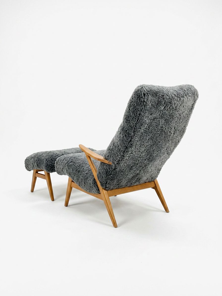 Armchair With Footstool, 1950s–60s, Scandinavian Mid‑Century, Newly Reupholstered In Sheepskin, In The Manner Of Jio Möbler photo for sale