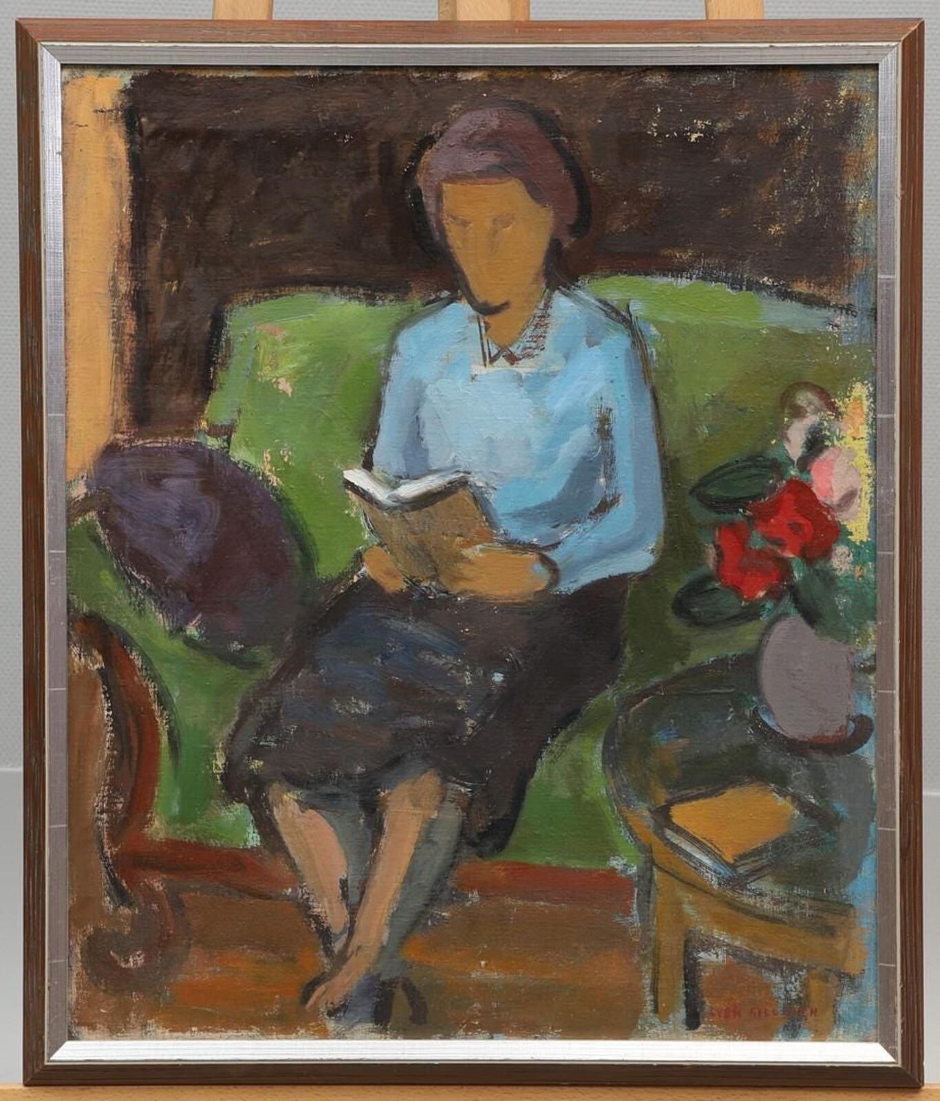 Original Oil On Canvas – “Woman Reading Book” By Sven Gillgren – Vintage & Framed – 70 × 59.5 Cm (27.6" × 23.4") photo furniture