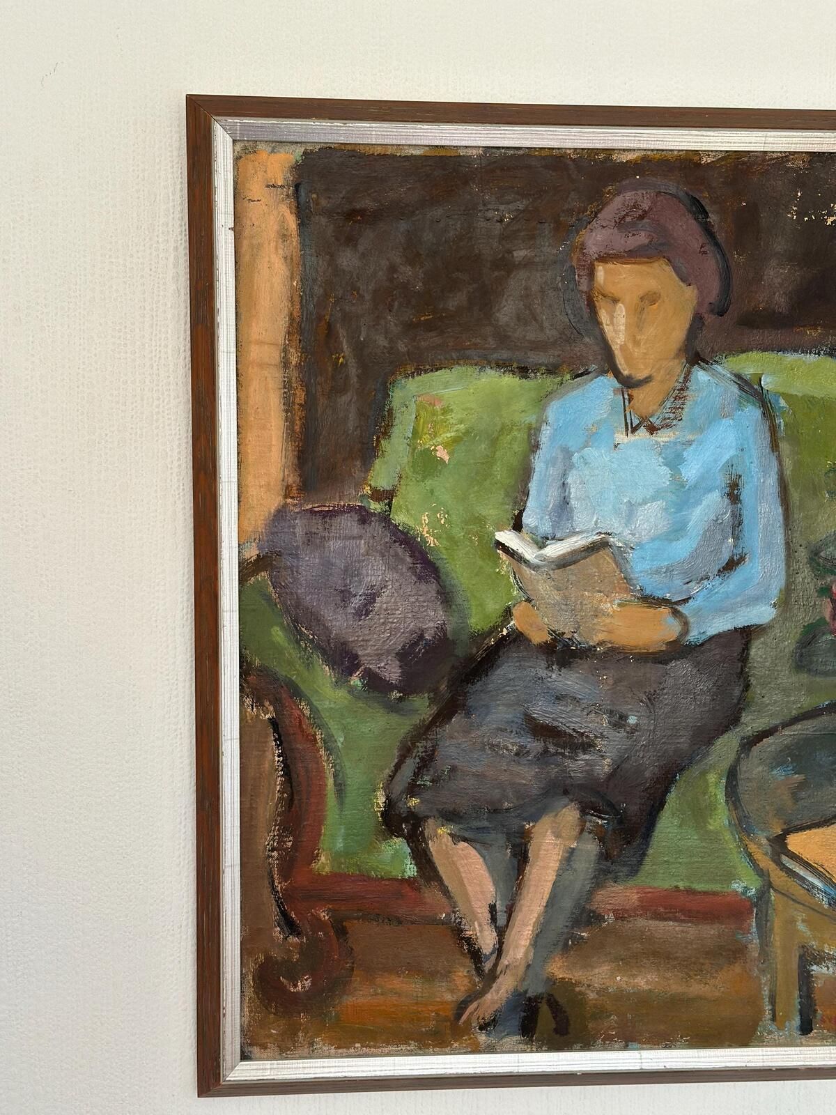 Original Oil On Canvas – “Woman Reading Book” By Sven Gillgren – Vintage & Framed – 70 × 59.5 Cm (27.6" × 23.4") photo vinterior
